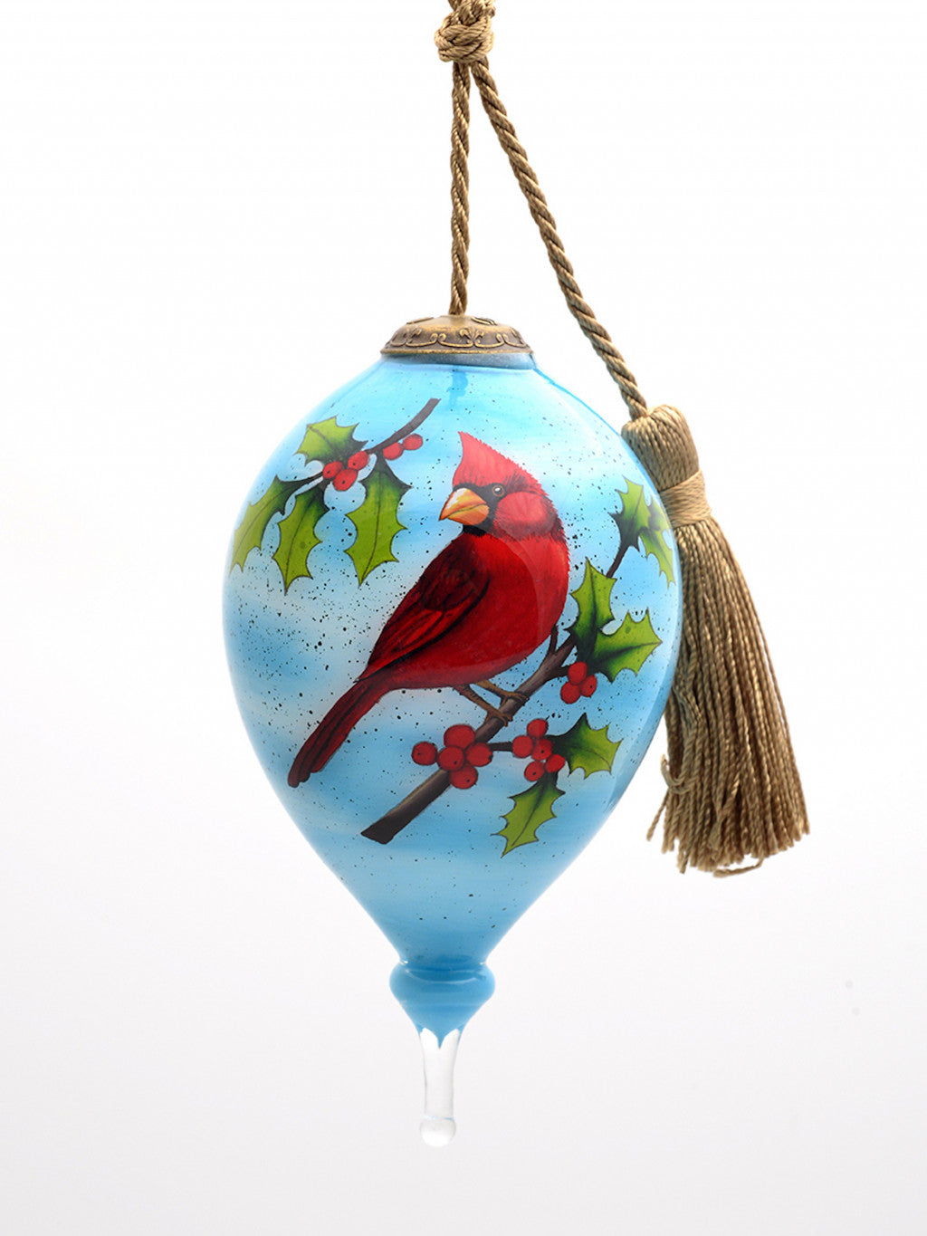 HomeRoots Red Cardinal on Christmas Holly Branches Hand Painted Mouth Blown Glass Ornament