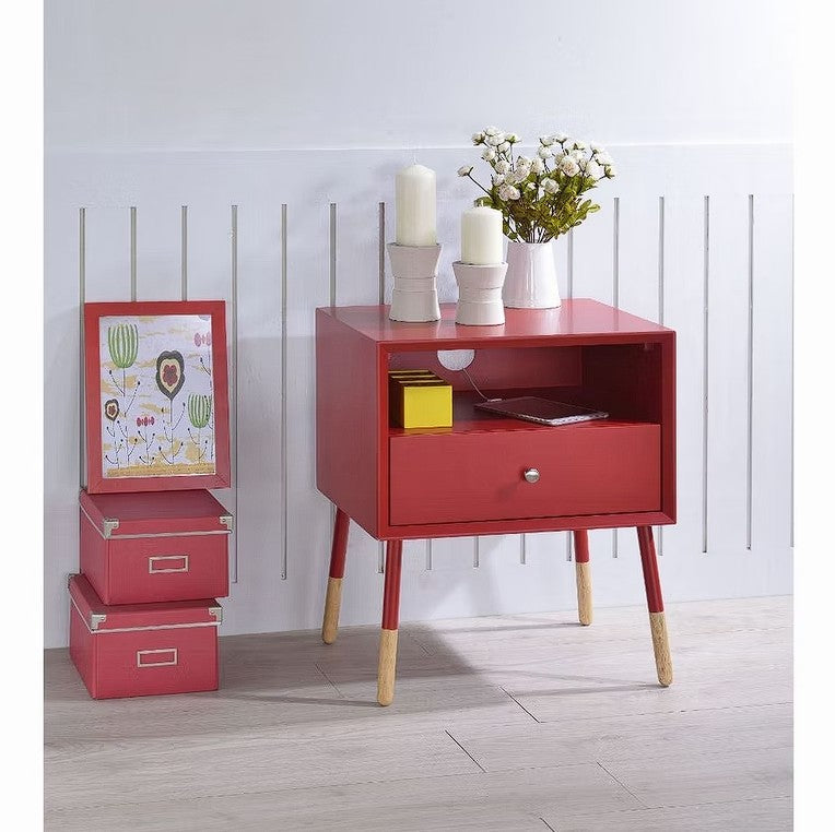 HomeRoots Red End Table with Natural Wood Dipped Legs