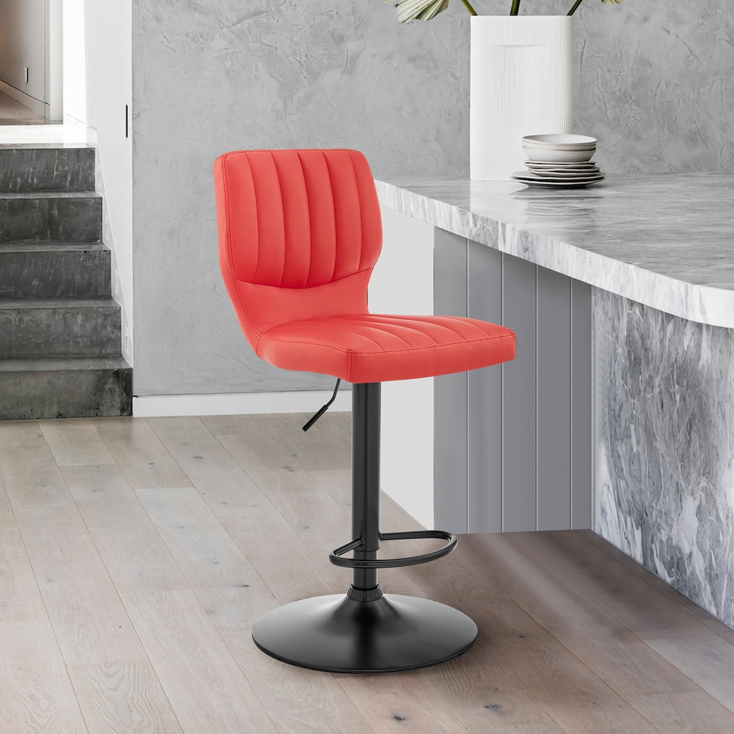 HomeRoots Red Faux Leather Textured Adjustable Bar Stool