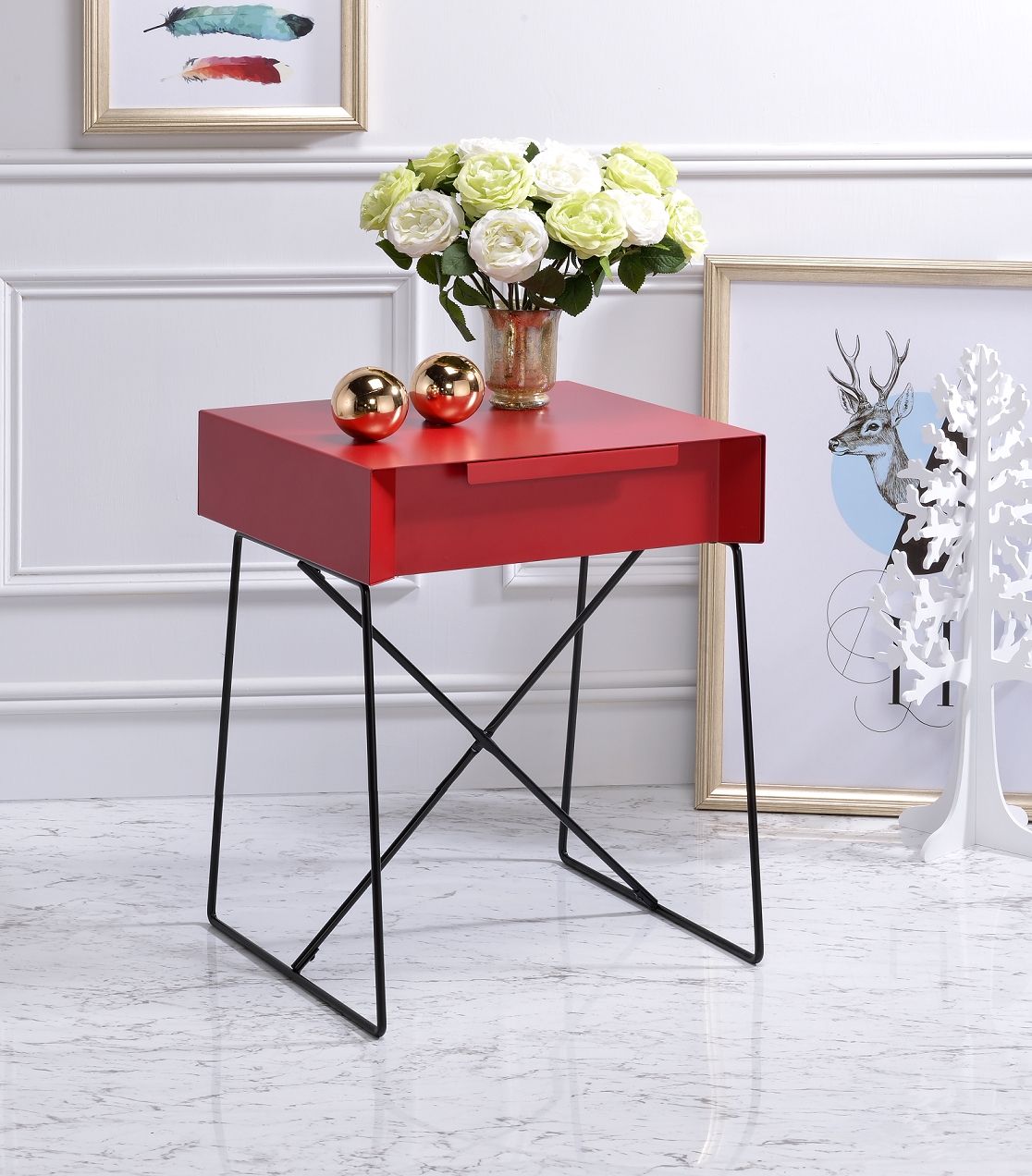 HomeRoots Red Modern Metal End Table with Drawer