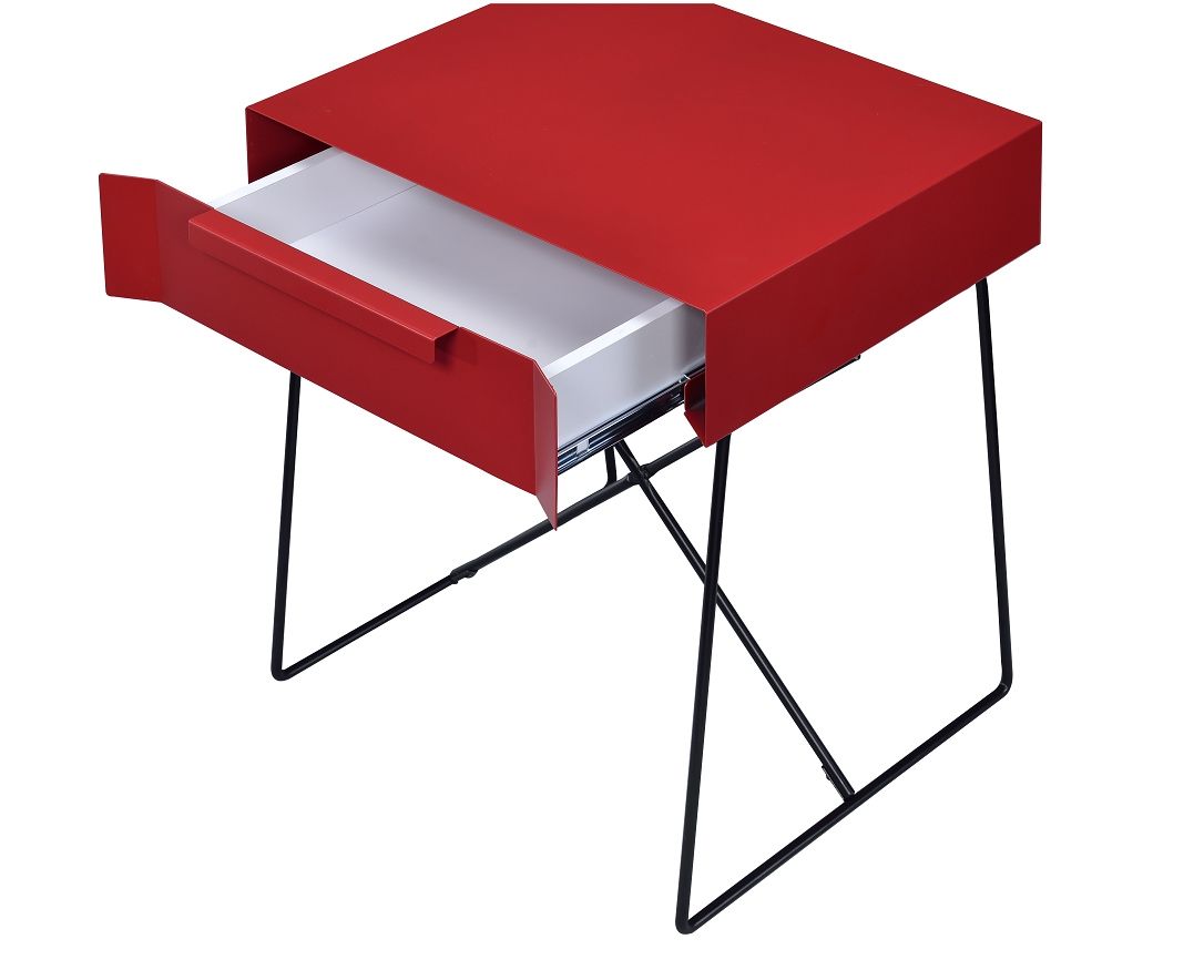 HomeRoots Red Modern Metal End Table with Drawer