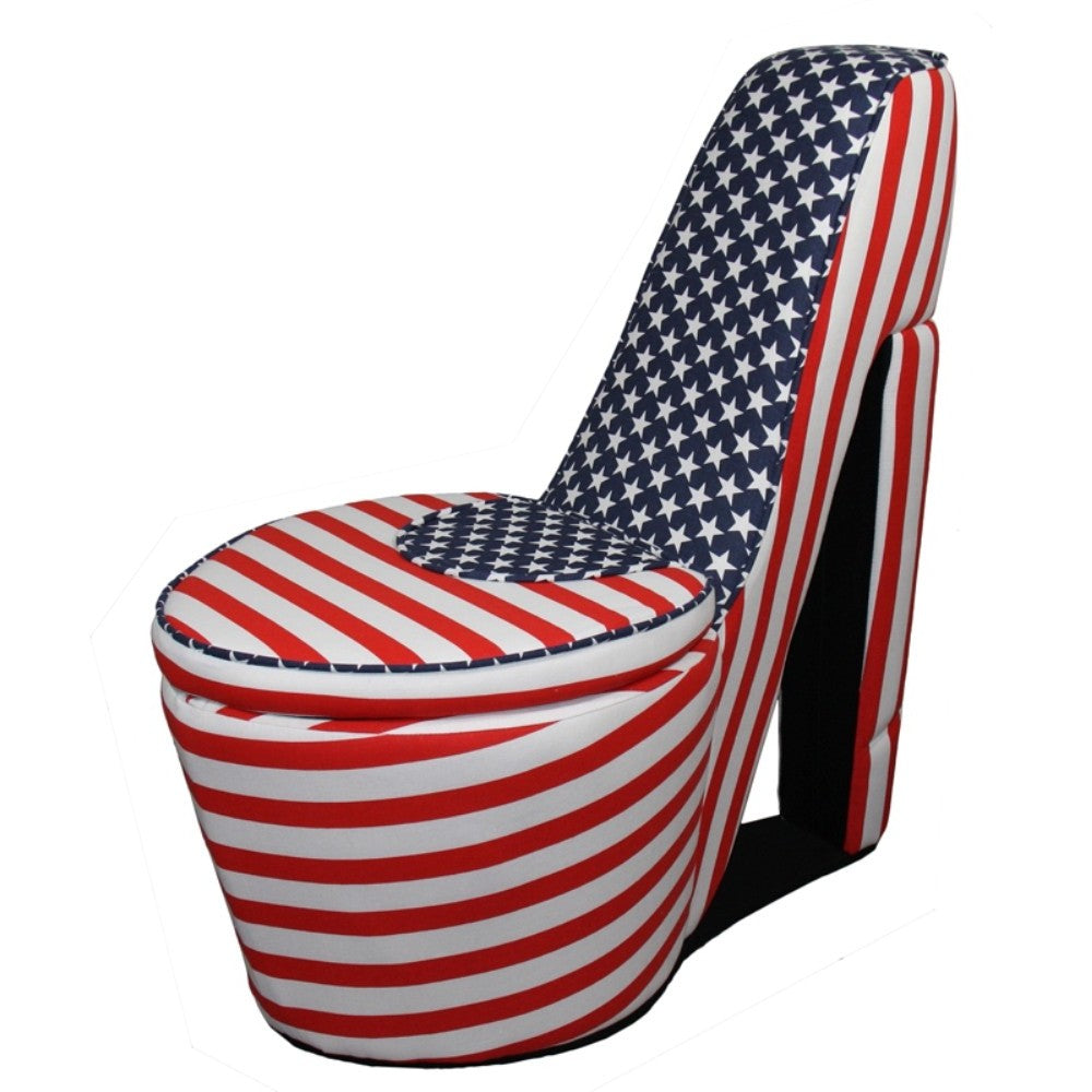 HomeRoots Red White and Blue Patriotic High Heel Shoe Storage Chair in Print 3 Finish