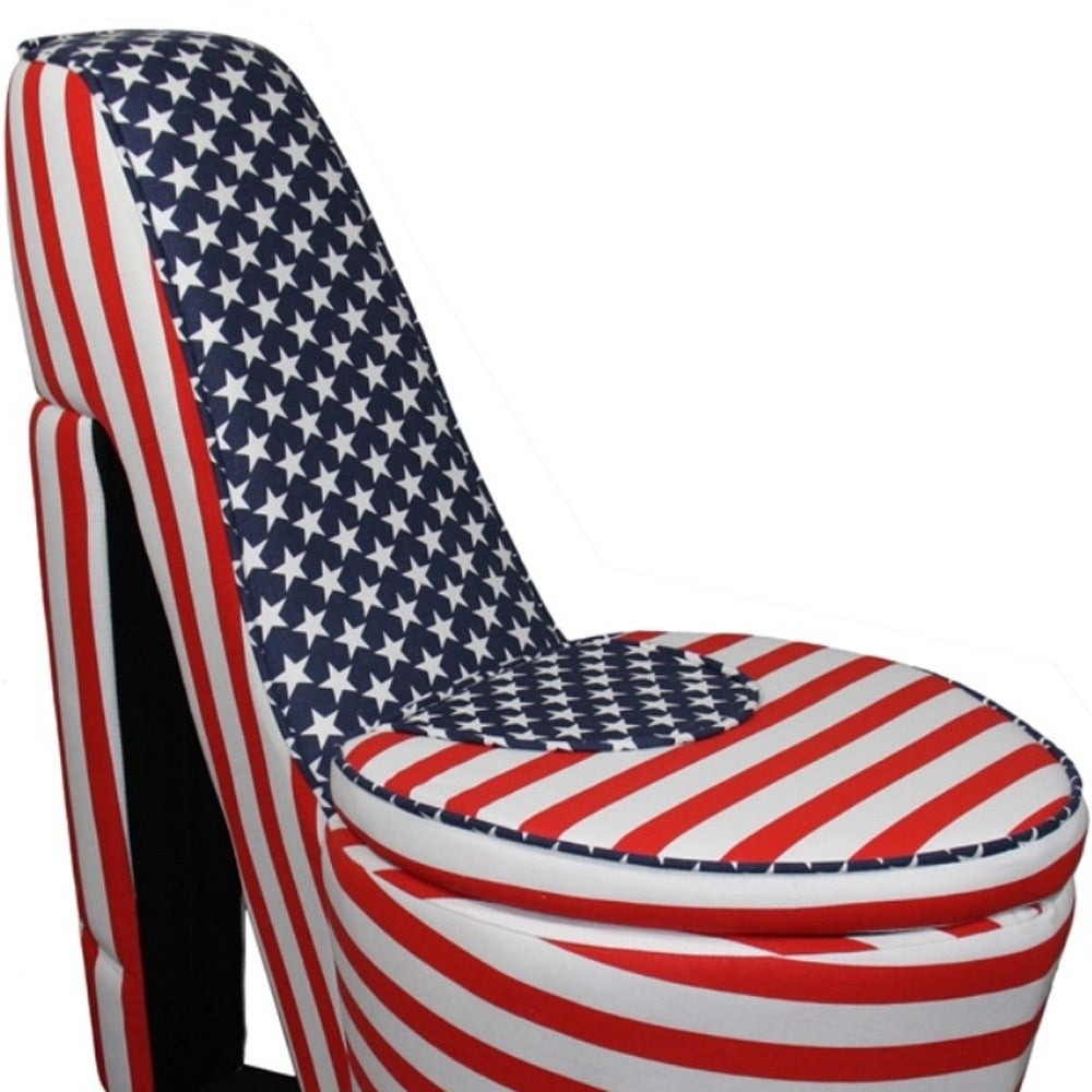 HomeRoots Red White and Blue Patriotic High Heel Shoe Storage Chair in Print 3 Finish