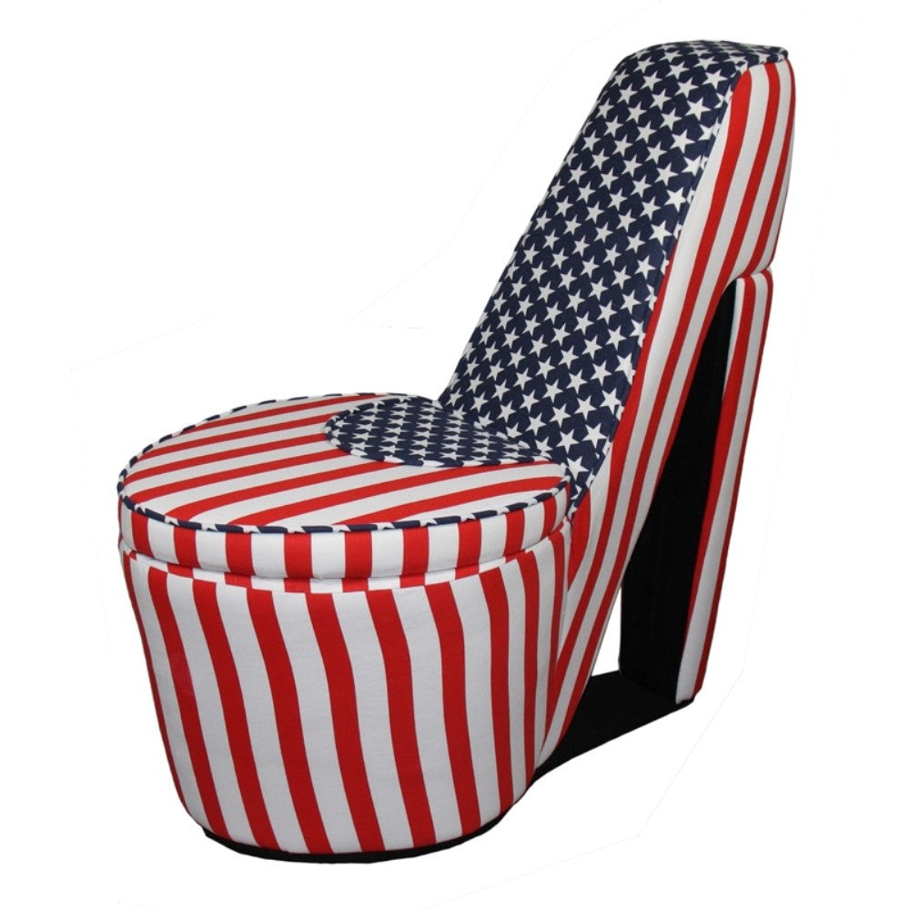HomeRoots Red White and Blue Patriotic High Heel Shoe Storage Chair in Print 5 Finish