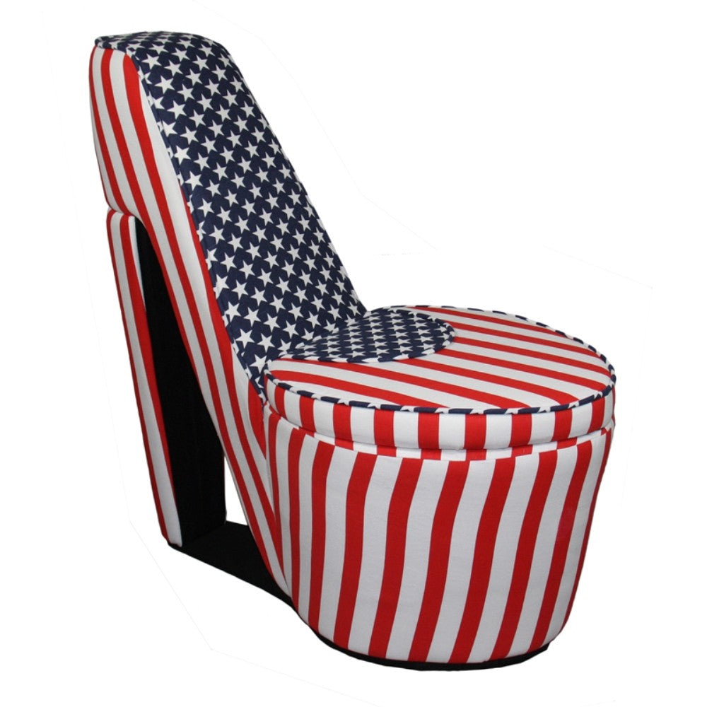 HomeRoots Red White and Blue Patriotic High Heel Shoe Storage Chair in Print 5 Finish