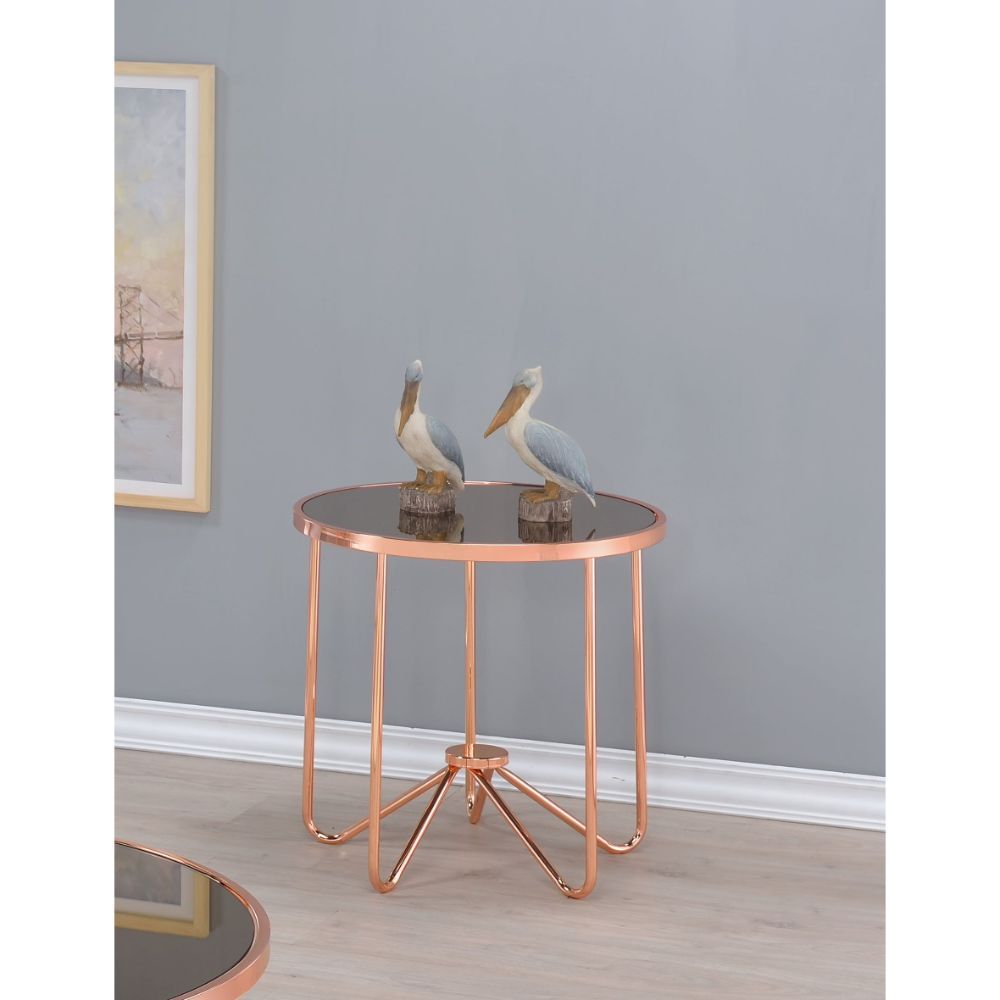 HomeRoots Rose Gold and Smokey Glass Top End Table
