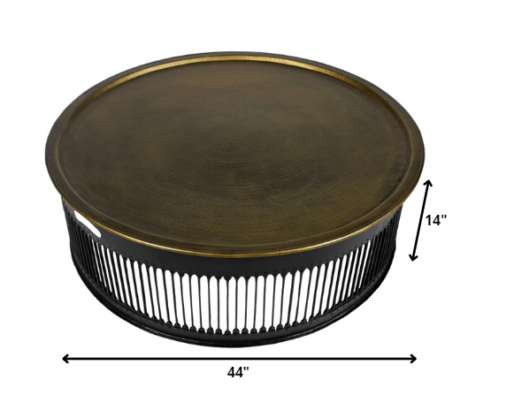 HomeRoots Round Drum Shaped Brass Coffee Table With Black Finish