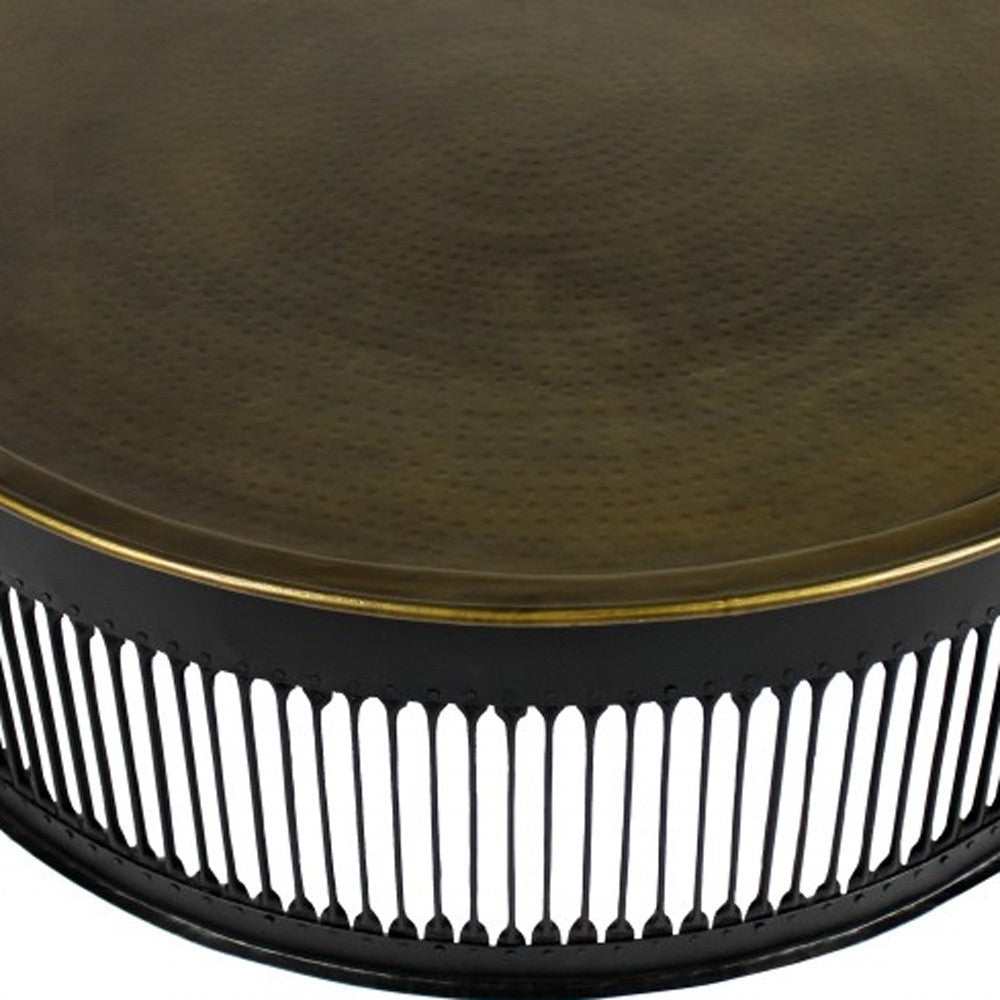 HomeRoots Round Drum Shaped Brass Coffee Table With Black Finish