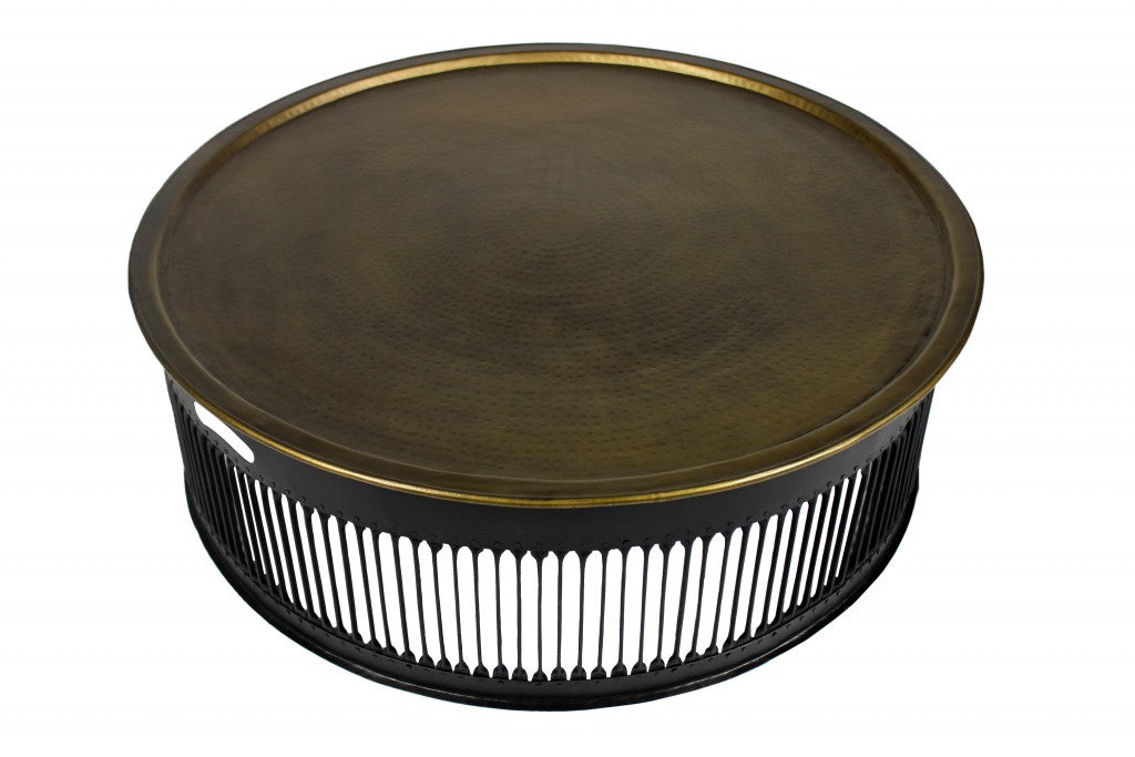 HomeRoots Round Drum Shaped Brass Coffee Table With Black Finish