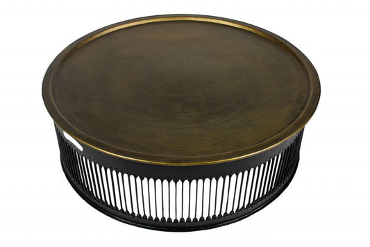 HomeRoots Round Drum Shaped Brass Coffee Table With Black Finish