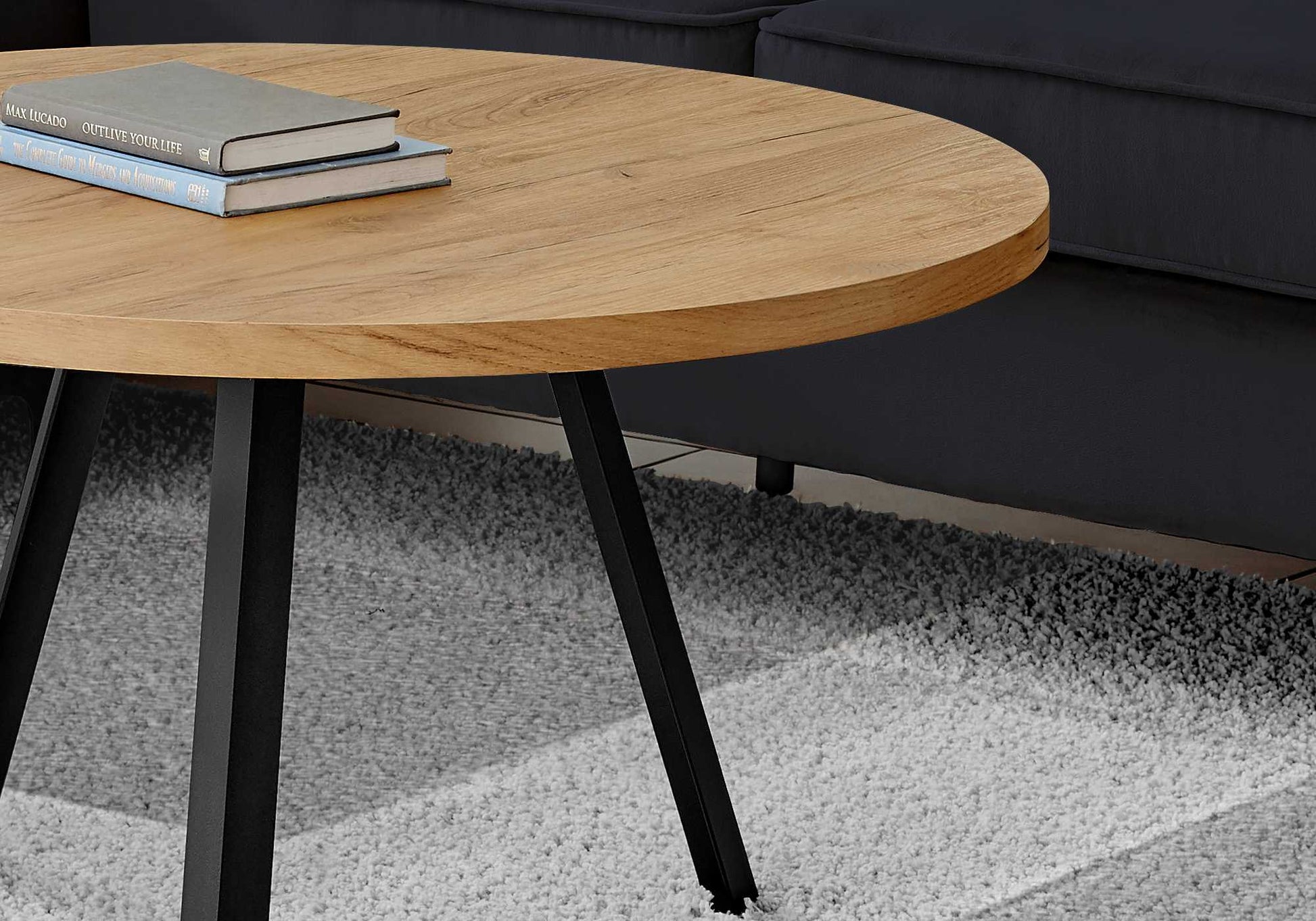 HomeRoots Round Golden Pine with Black Metal Coffee Table