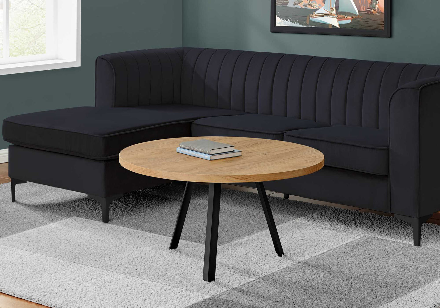 HomeRoots Round Golden Pine with Black Metal Coffee Table