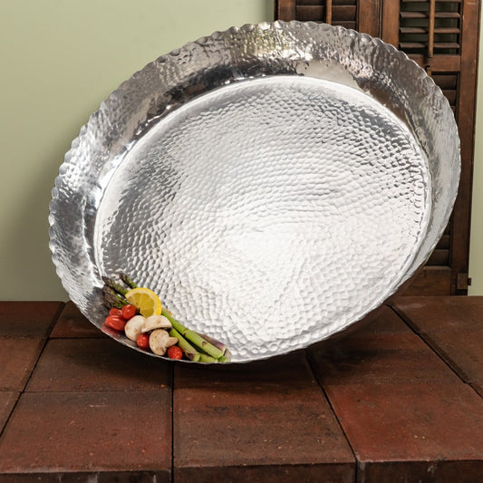 HomeRoots Round Hammered Tray in Silver Finish