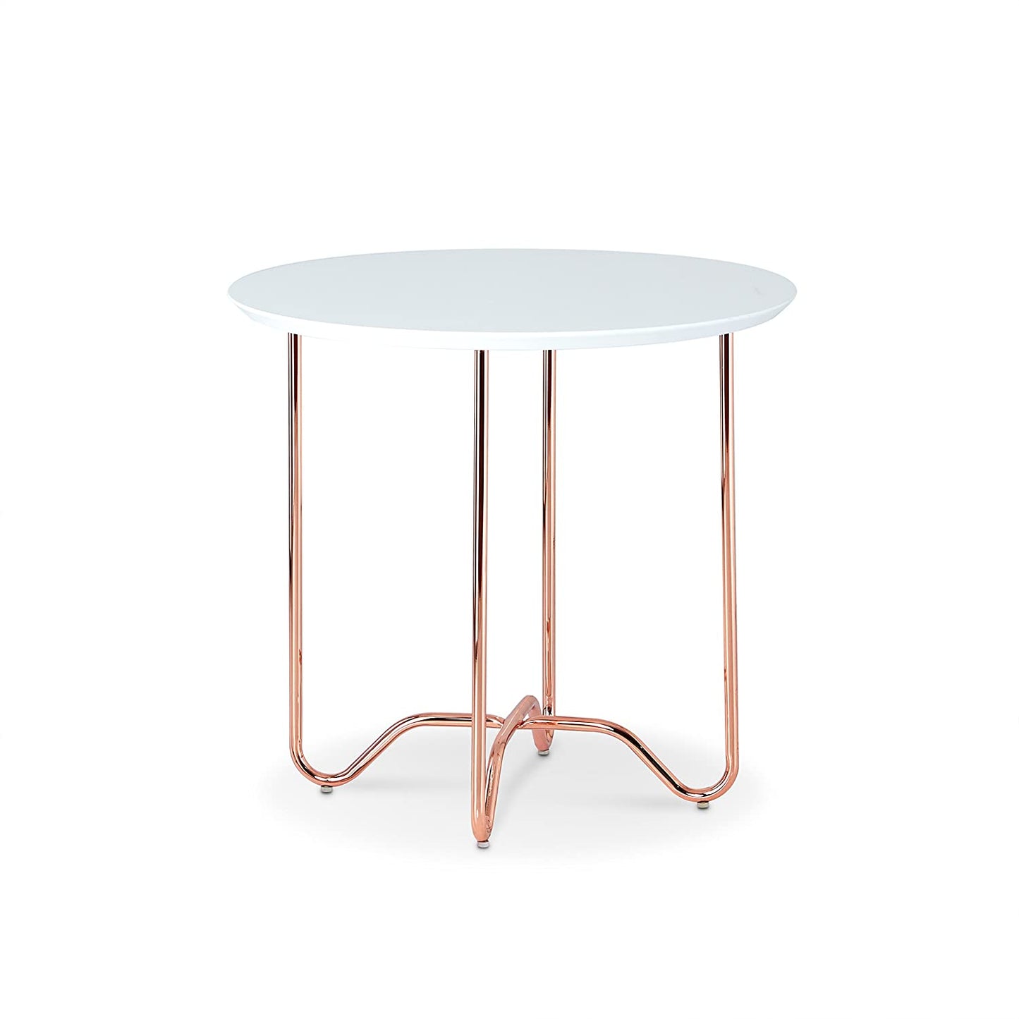HomeRoots Round White Side Table with Rose Gold Iron Legs