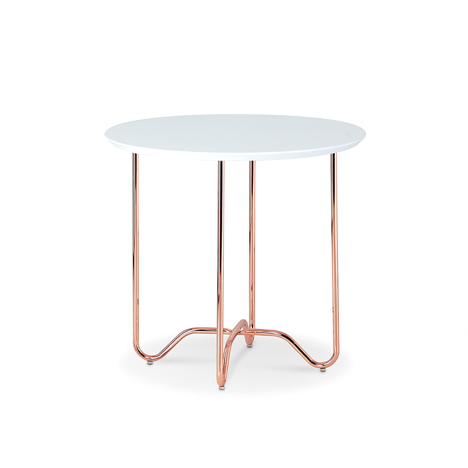 HomeRoots Round White Side Table with Rose Gold Iron Legs