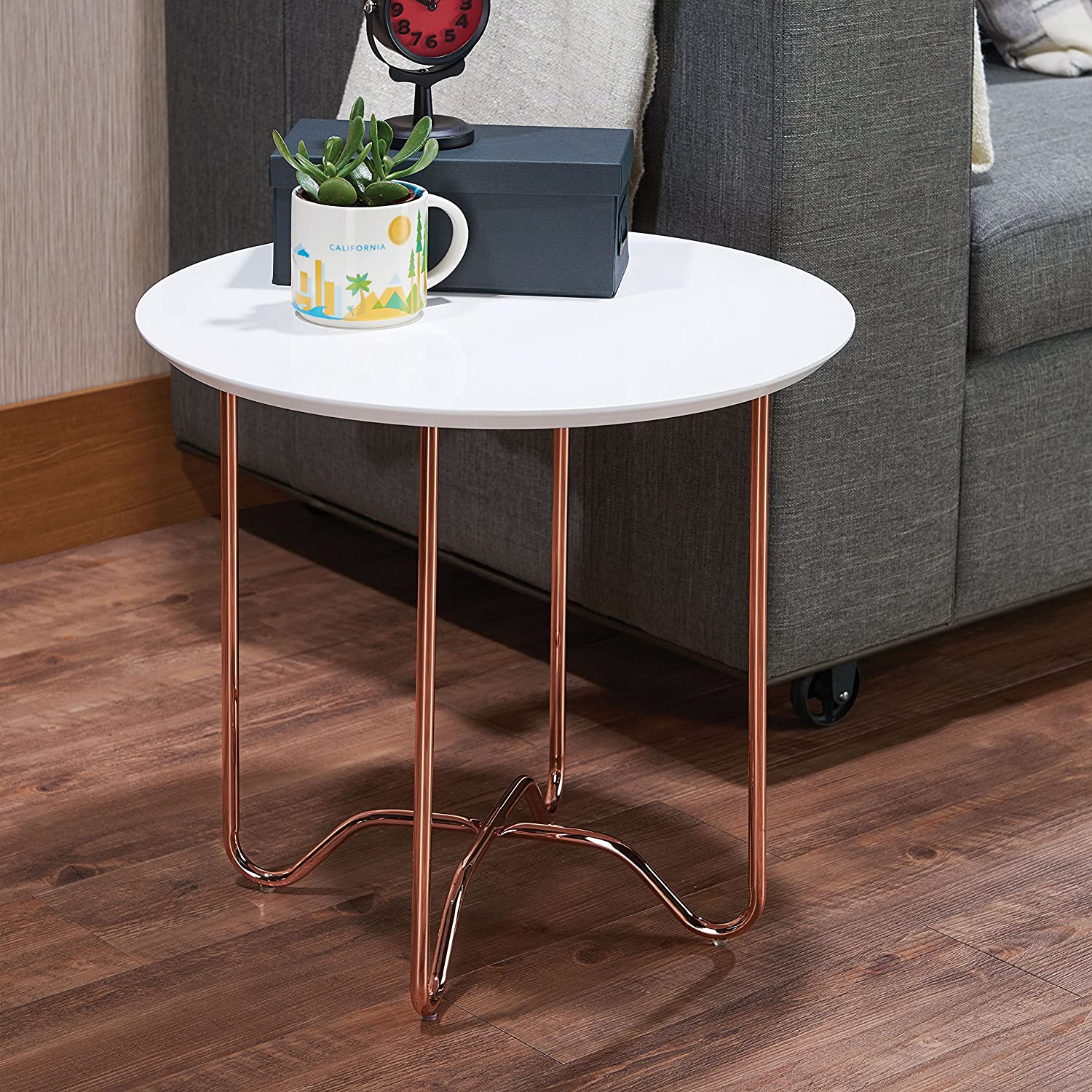 HomeRoots Round White Side Table with Rose Gold Iron Legs