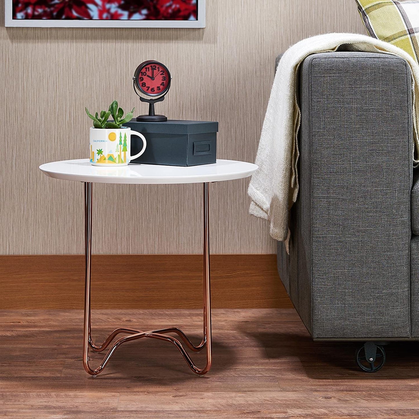 HomeRoots Round White Side Table with Rose Gold Iron Legs