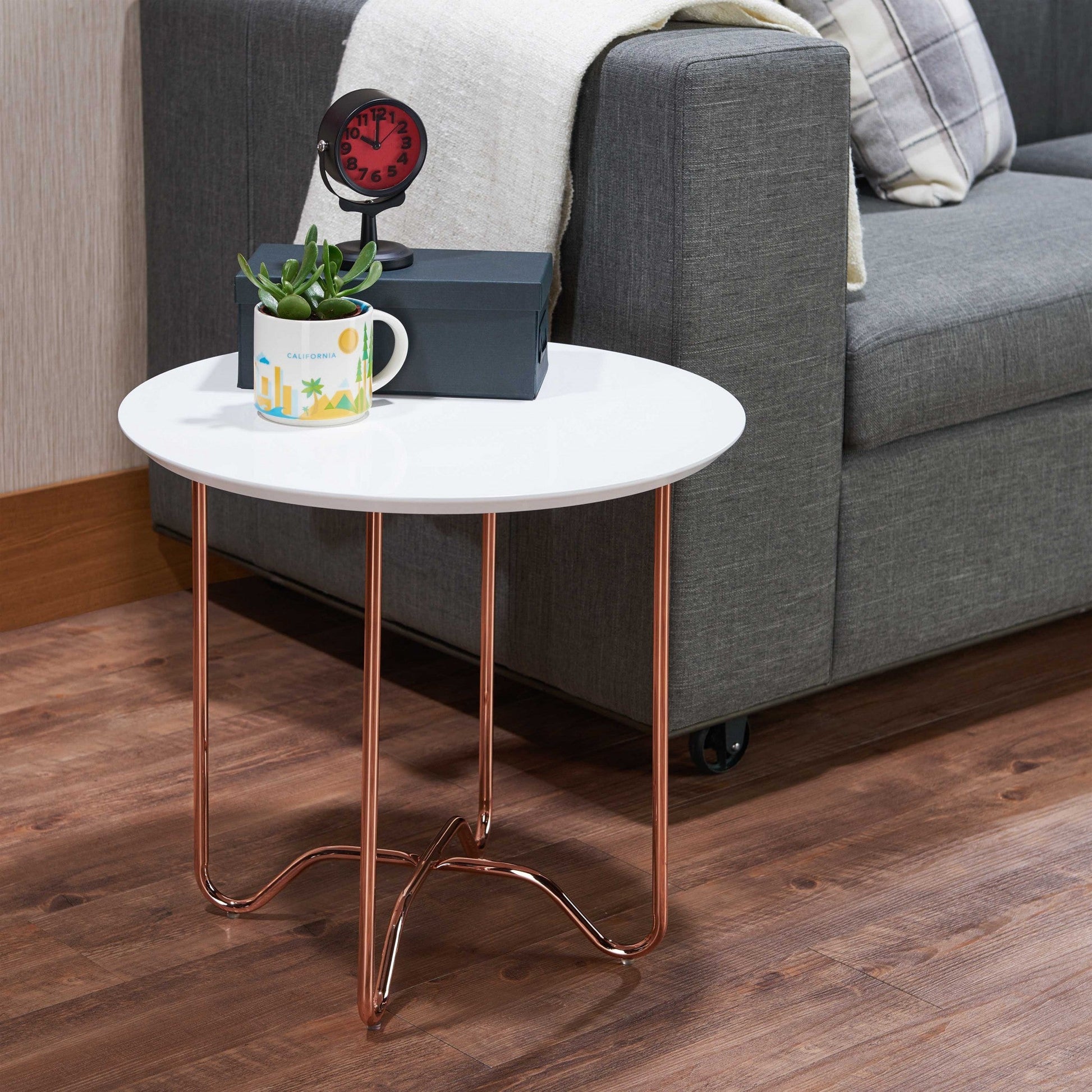 HomeRoots Round White Side Table with Rose Gold Iron Legs