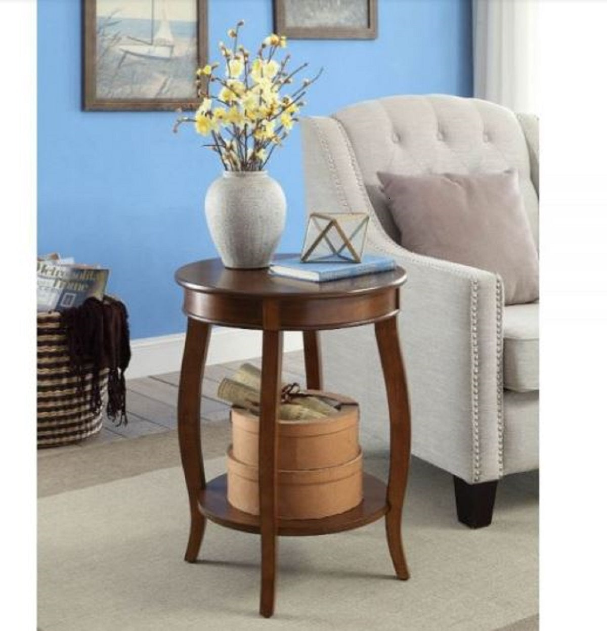 HomeRoots Round Wooden Side Table in Walnut Brown Finish