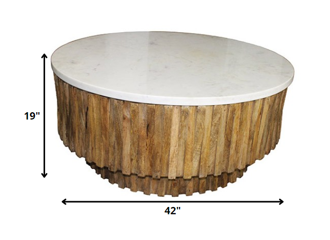 HomeRoots Round Wooden Strips Coffee Table With Marble Top