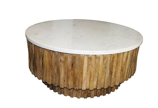 HomeRoots Round Wooden Strips Coffee Table With Marble Top