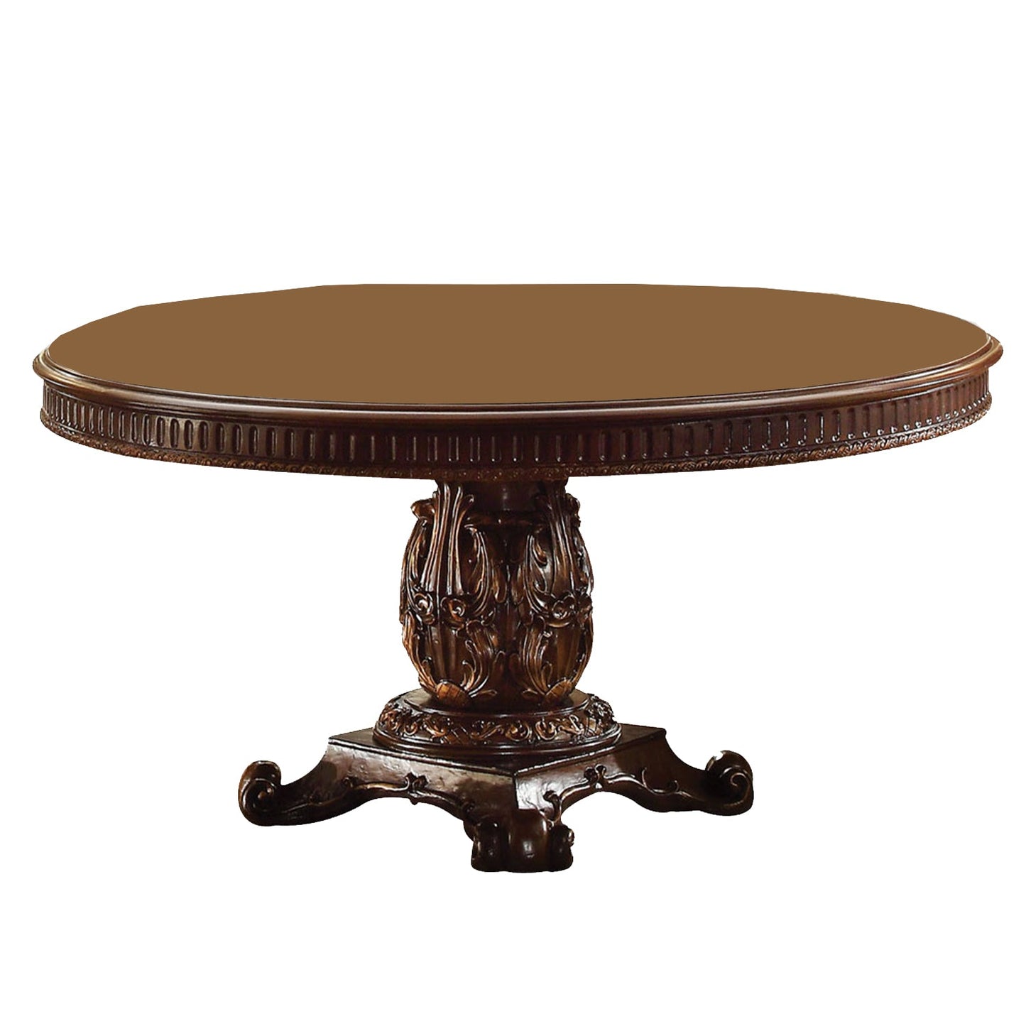 HomeRoots Round Wooden Top Dining Table With Single Carved Pedestal