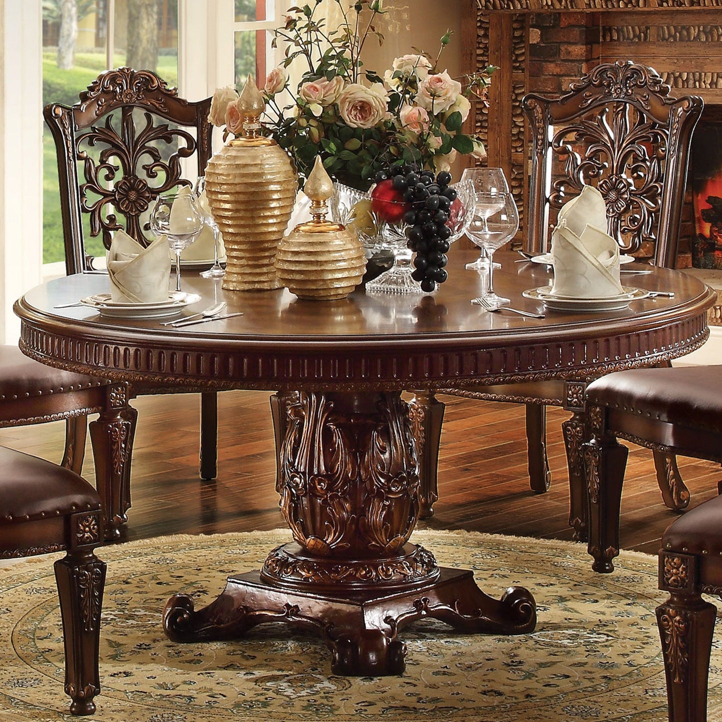 HomeRoots Round Wooden Top Dining Table With Single Carved Pedestal