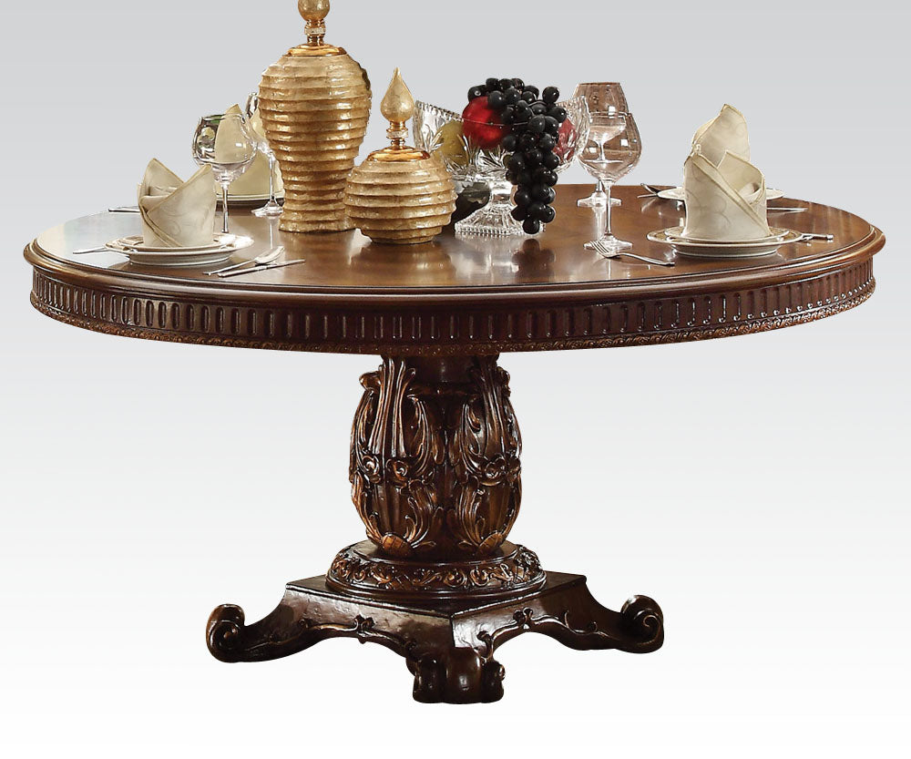 HomeRoots Round Wooden Top Dining Table With Single Carved Pedestal