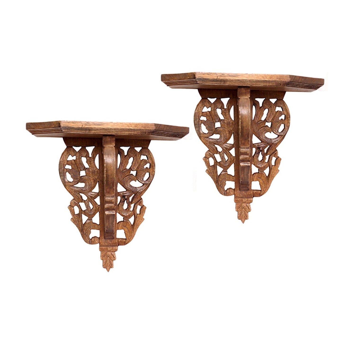 HomeRoots Set of 2 Boho Chic Carved Wood Wall Shelves