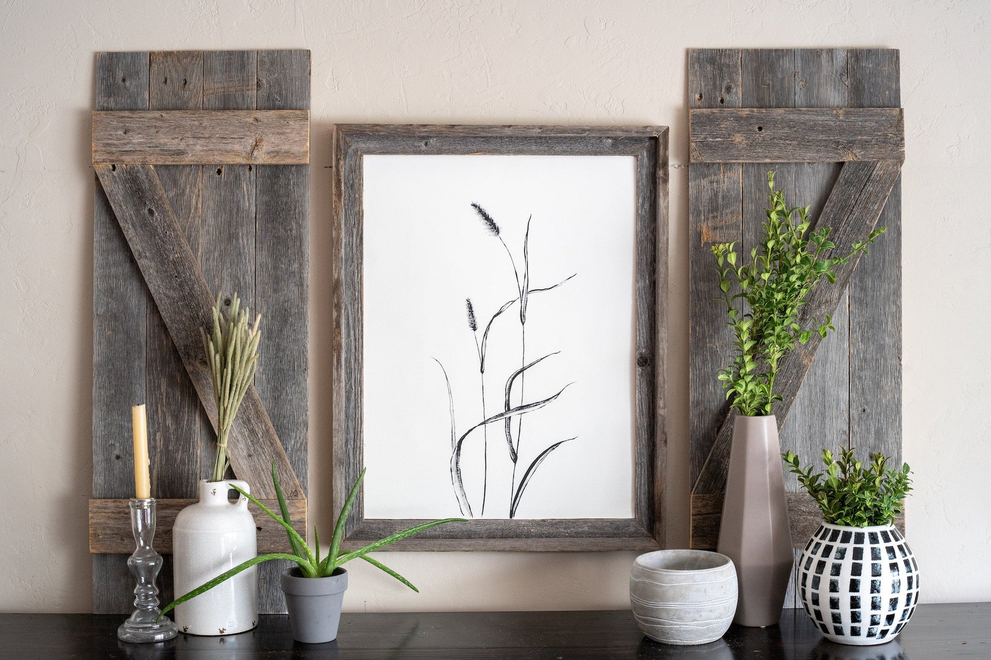 HomeRoots Set of 2 Rustic Natural Weathered Grey Wood Window Shutters with Hanger