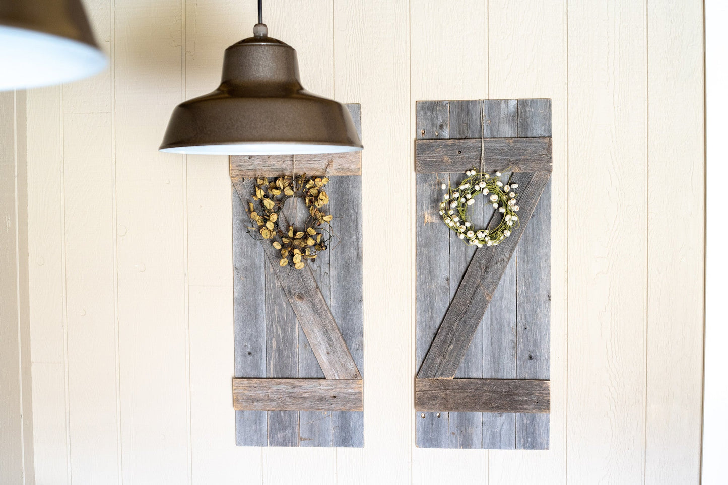 HomeRoots Set of 2 Rustic Natural Weathered Grey Wood Window Shutters with Hanger