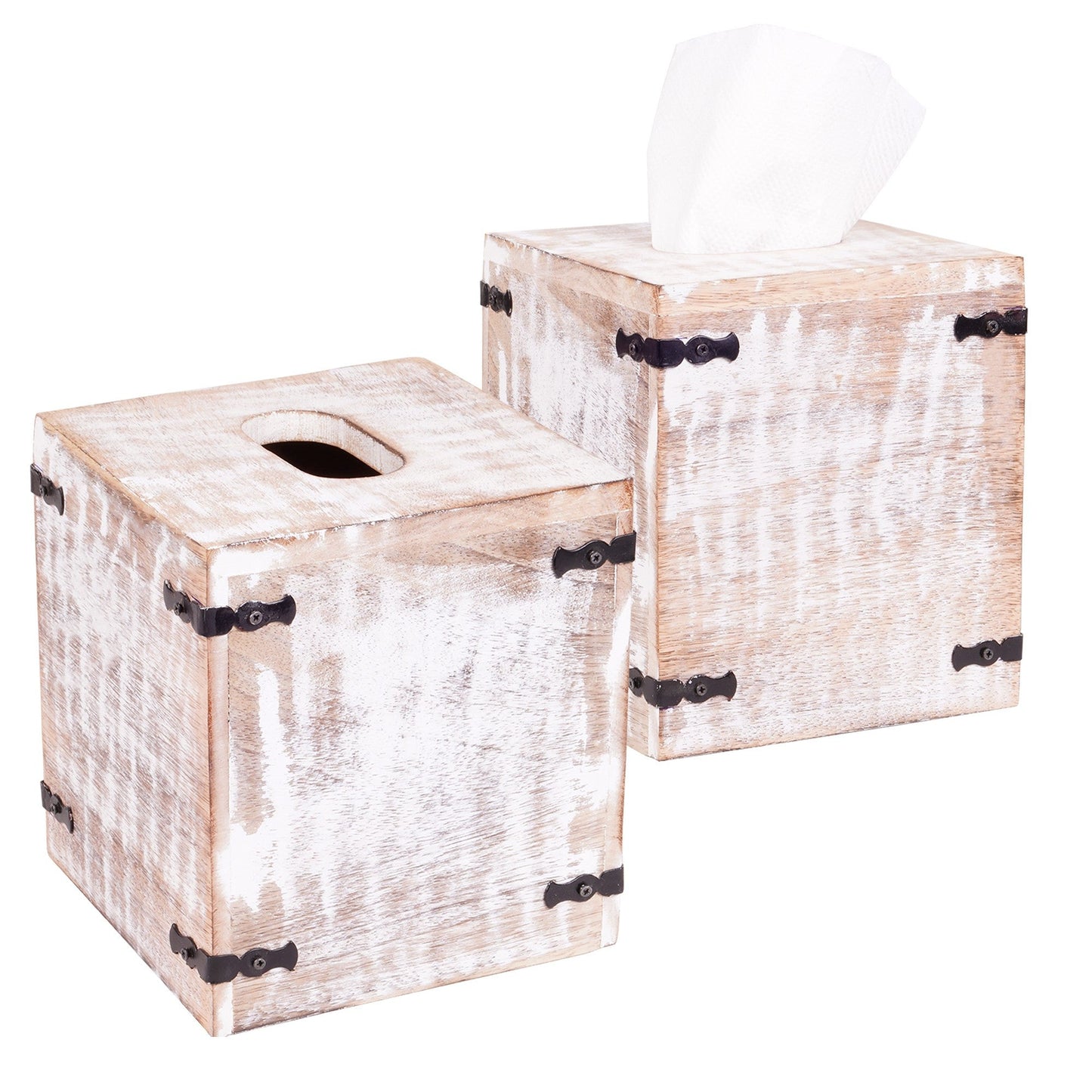 HomeRoots Set of 2 Rustic White Mango Wood Square Tissue Holders