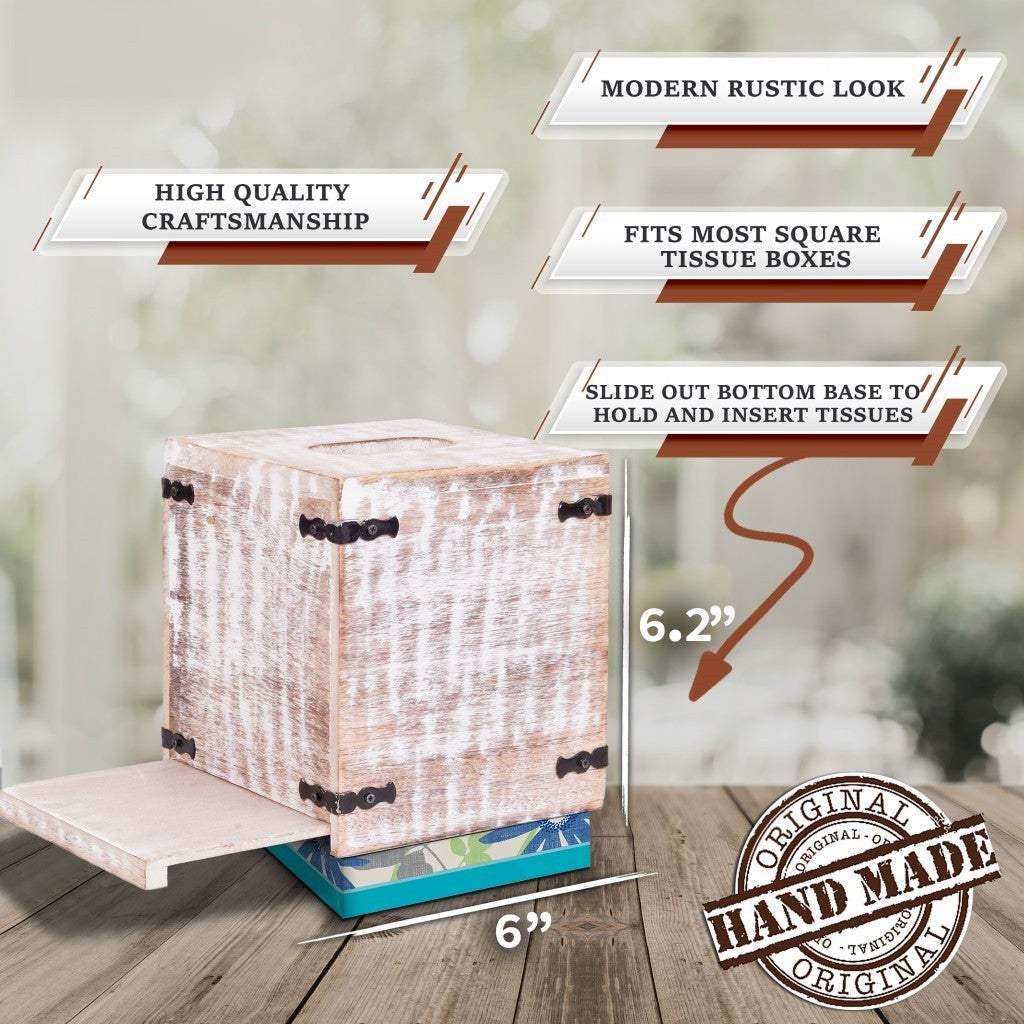 HomeRoots Set of 2 Rustic White Mango Wood Square Tissue Holders