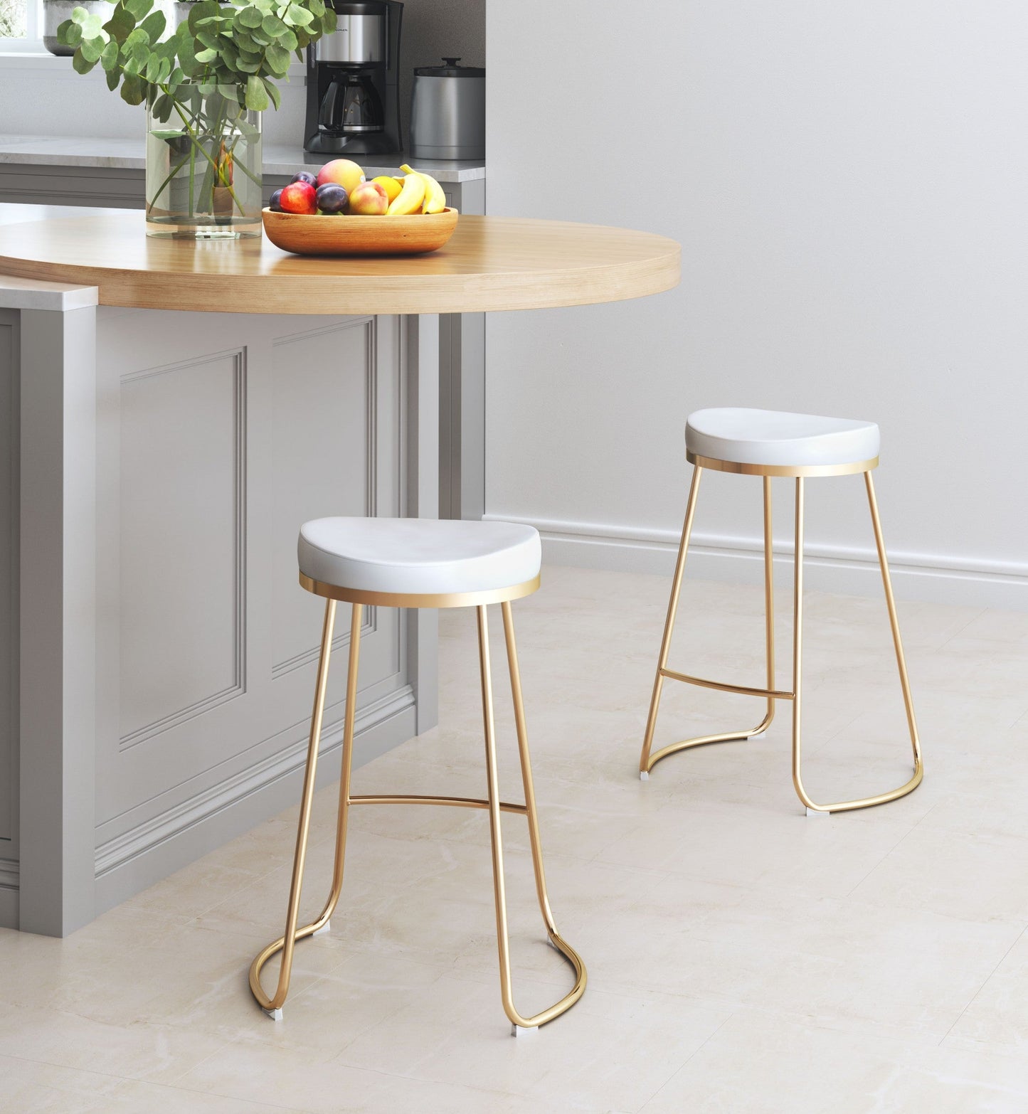 HomeRoots Set of 2 White And Gold Modern Glam Geo Backless Counter Stools