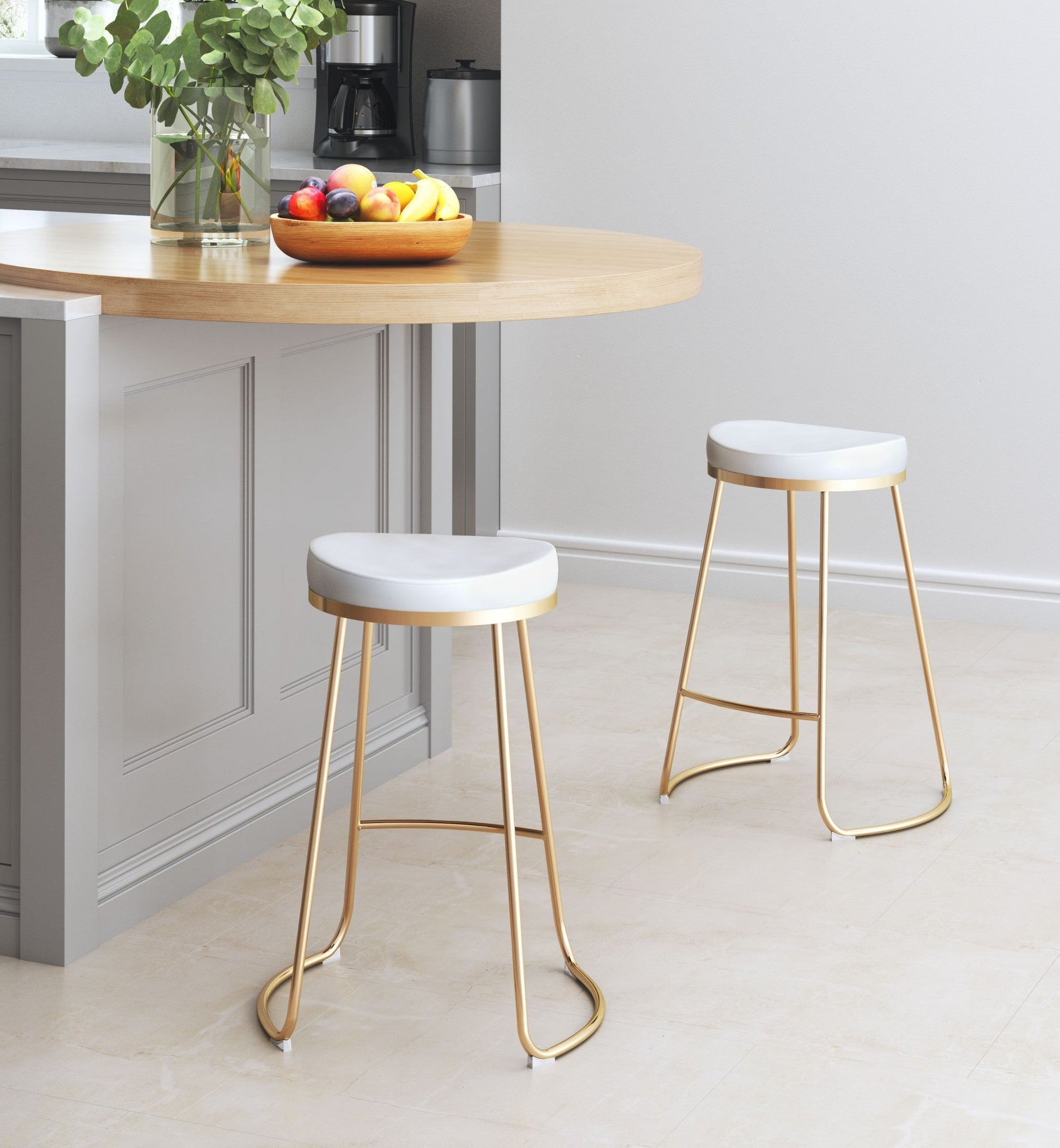 HomeRoots Set of 2 White And Gold Modern Glam Geo Backless Counter Stools