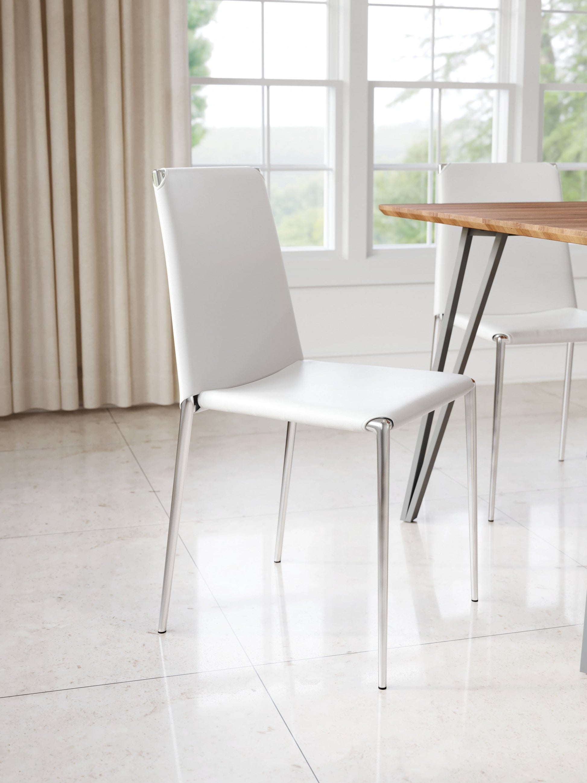 HomeRoots Set of 4 White Faux Leather And Steel Standard Stackable Dining or Accent Chairs