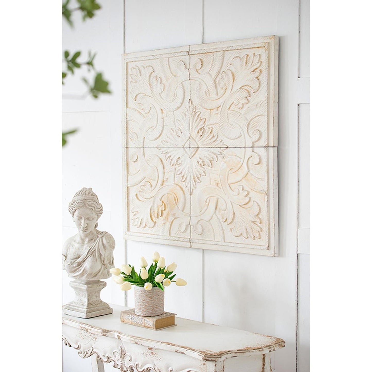 HomeRoots Set of 4 Whitewashed Arabesque Carved Wall Art