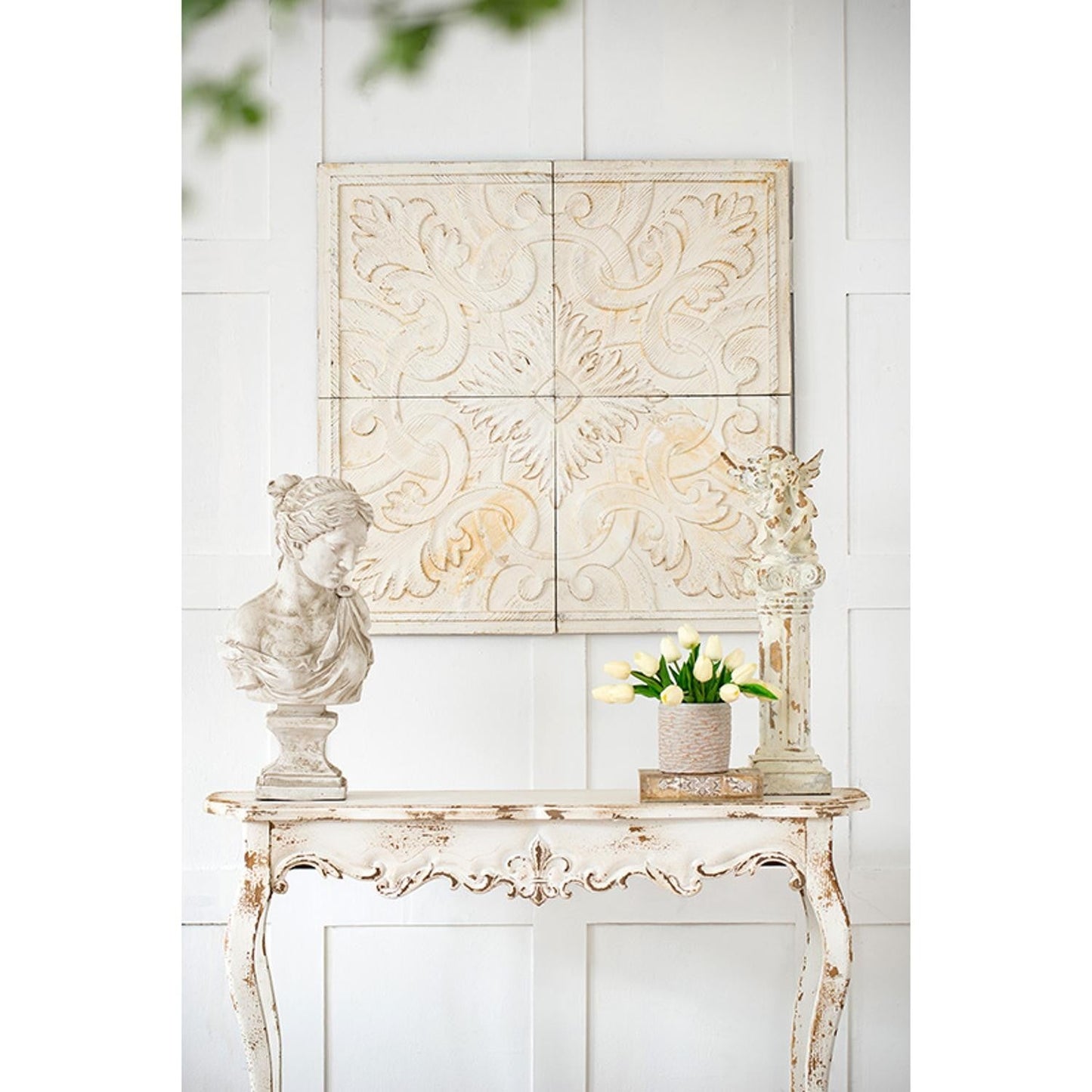 HomeRoots Set of 4 Whitewashed Arabesque Carved Wall Art
