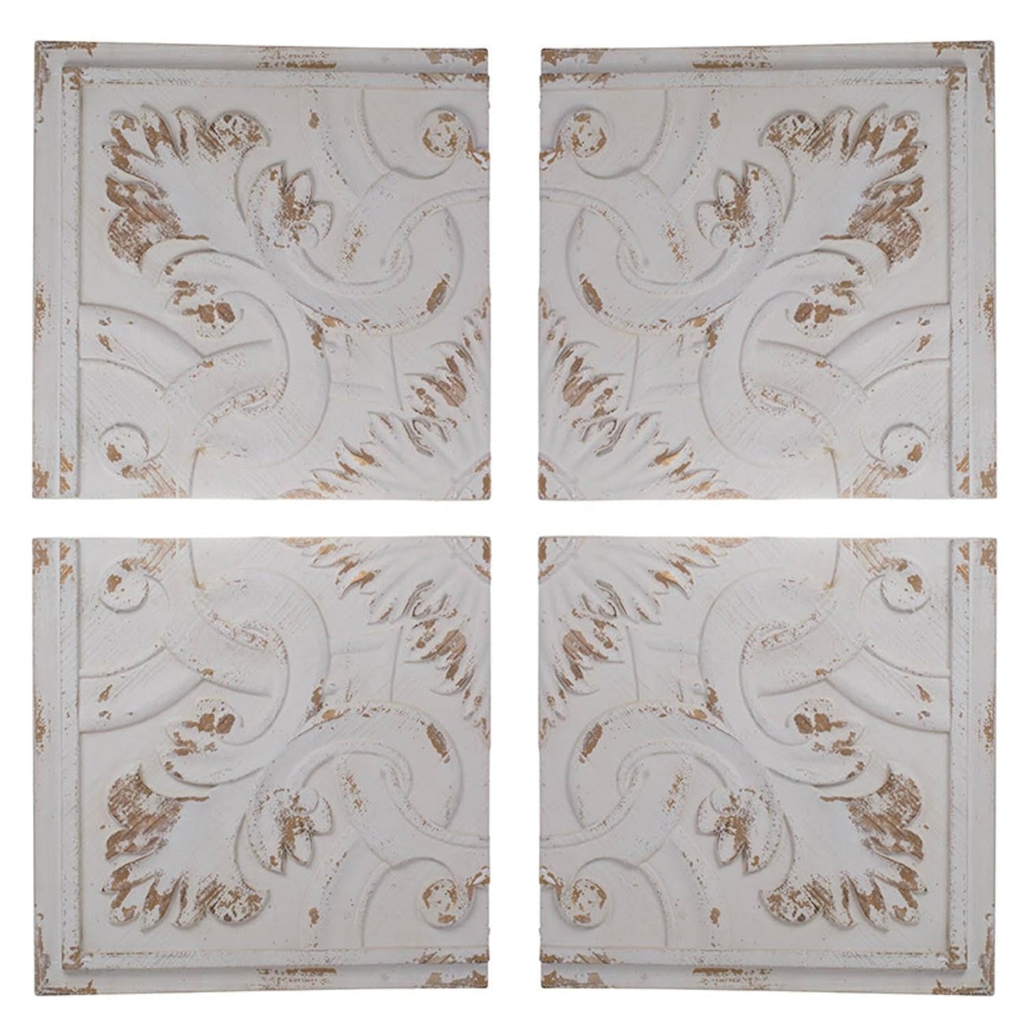 HomeRoots Set of 4 Whitewashed Arabesque Carved Wall Art