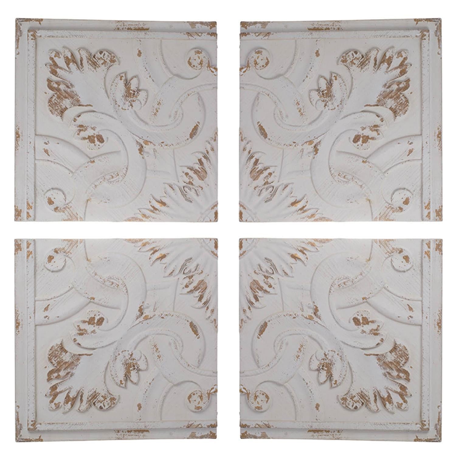 HomeRoots Set of 4 Whitewashed Arabesque Carved Wall Art