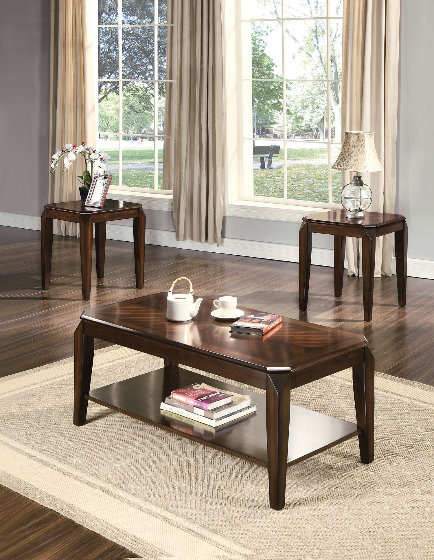 HomeRoots Set of Deep Brown Wood Coffee and End Tables