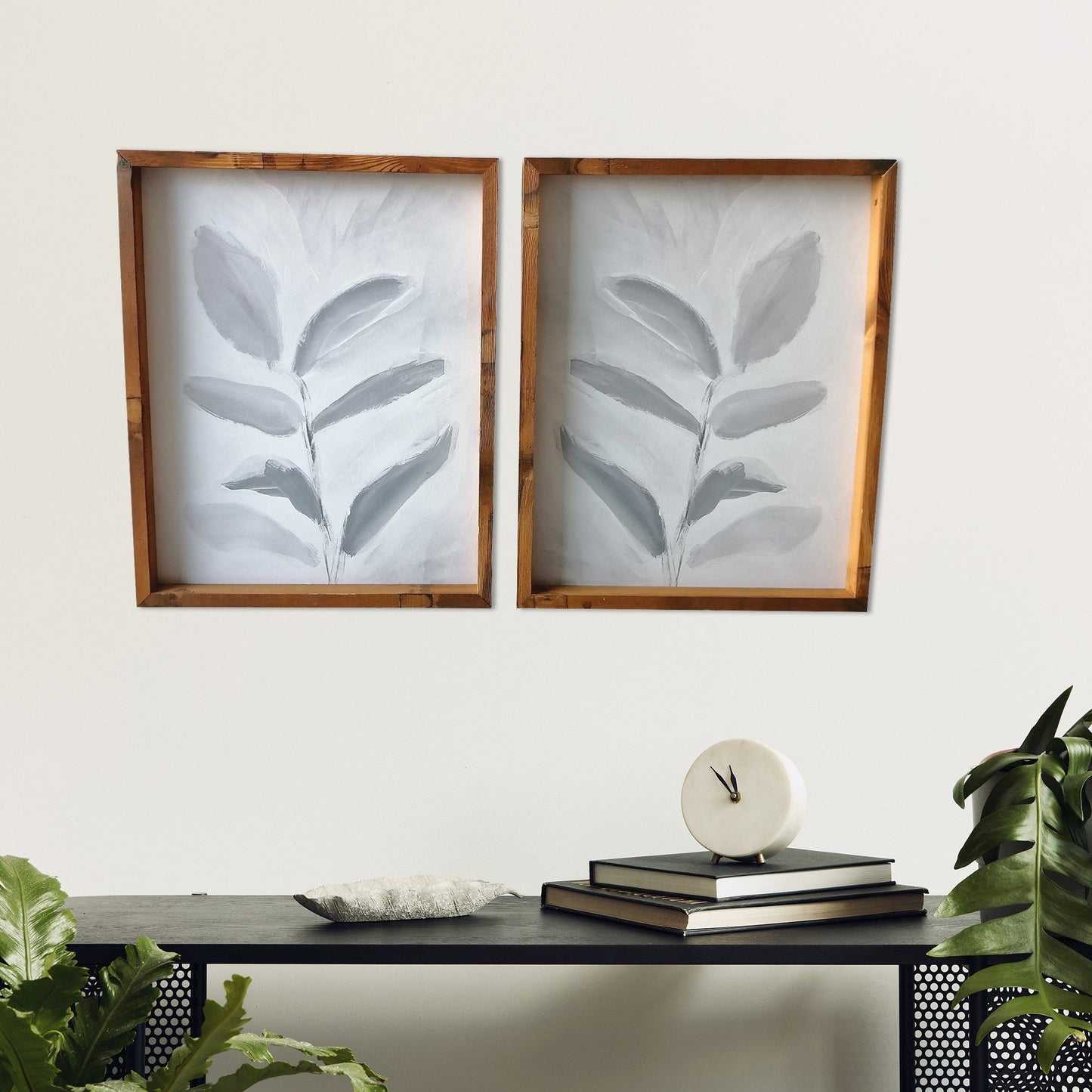 HomeRoots Set of Two Modern Blue Gray Leaves Framed Canvas Wall Art