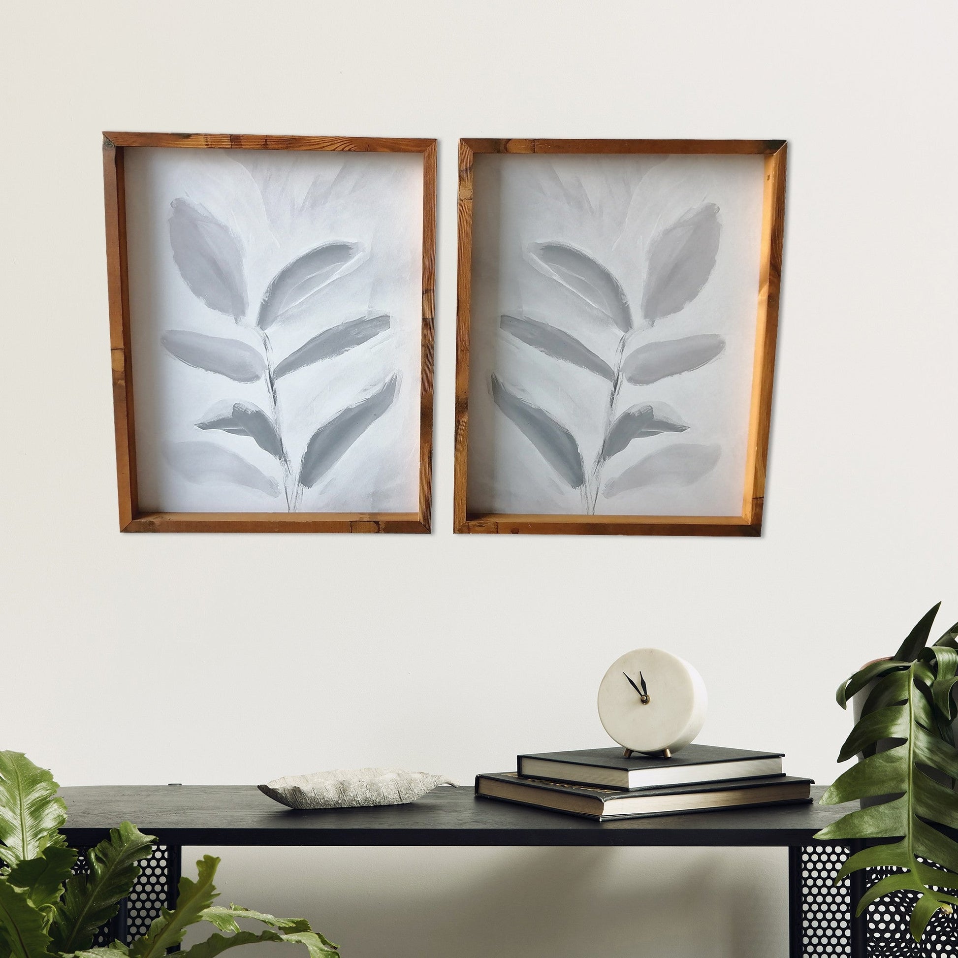 HomeRoots Set of Two Modern Blue Gray Leaves Framed Canvas Wall Art