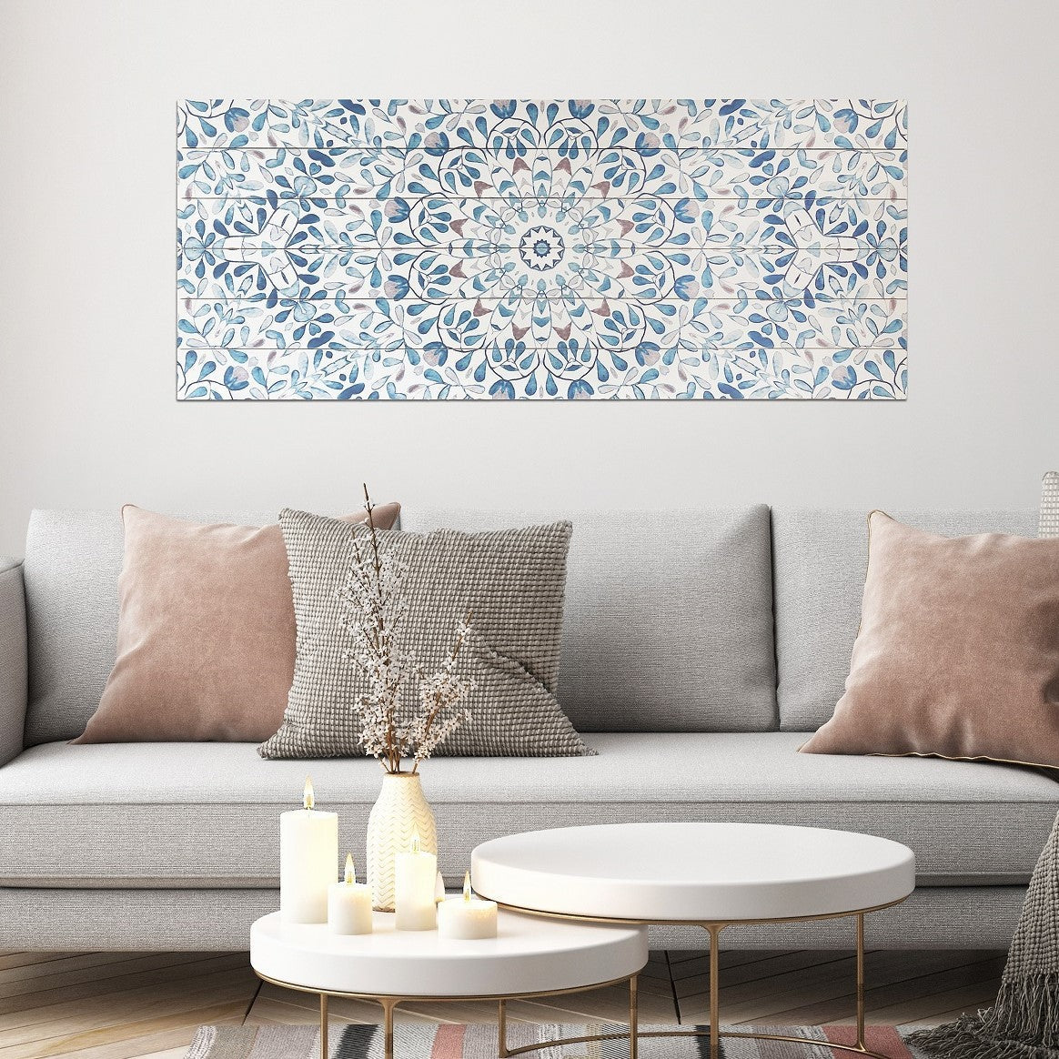 HomeRoots Shades of Blue Ornate Floral Wood Plank Wall Art