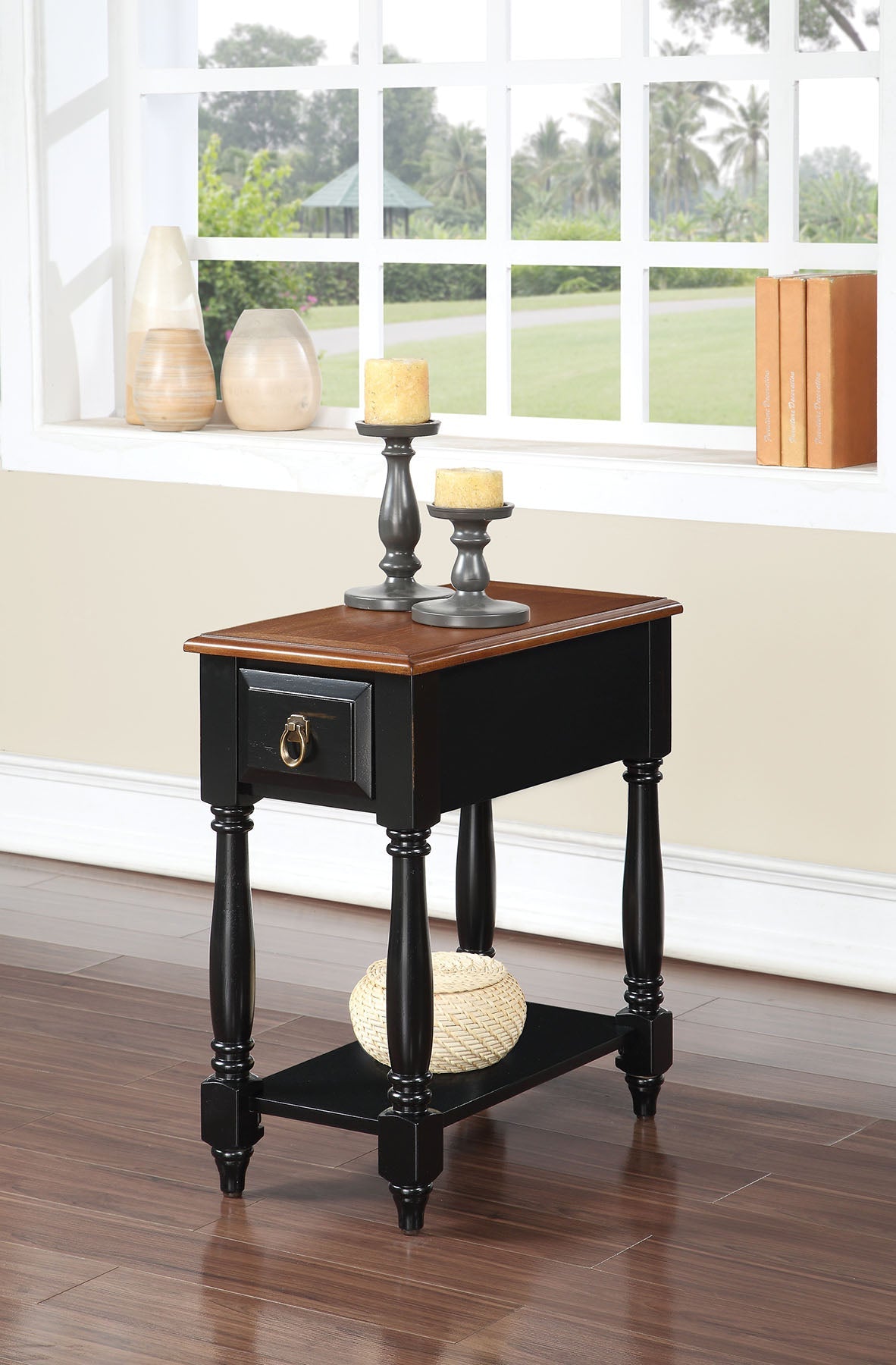 HomeRoots Side Table, Black & Oak - Rubber Wood, Ash Veneer Black & Oak