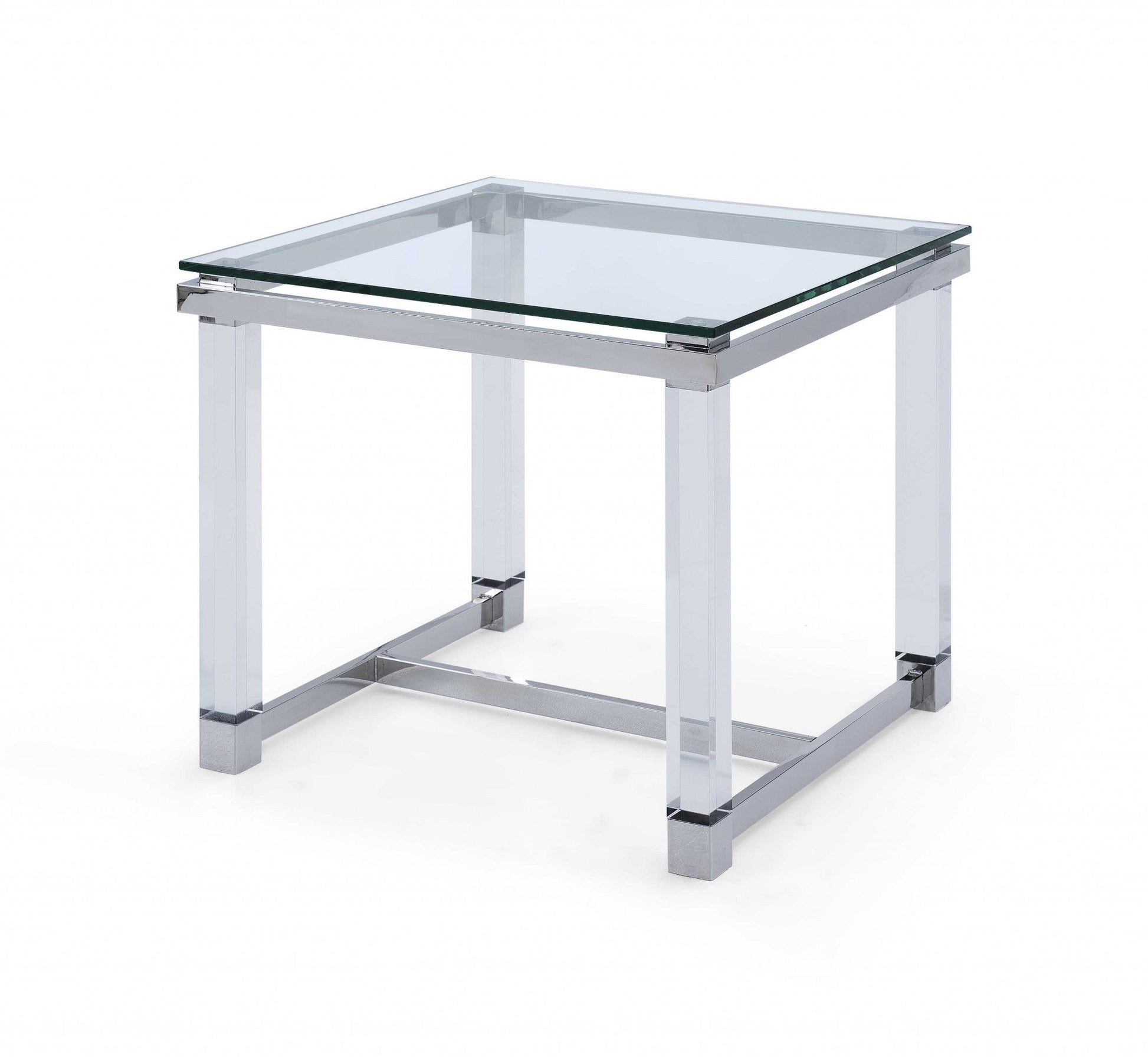 HomeRoots Side Table With 10 mm Tempered Clear Glass Top and Polished Stainless Steel Frame Acrylic Legs