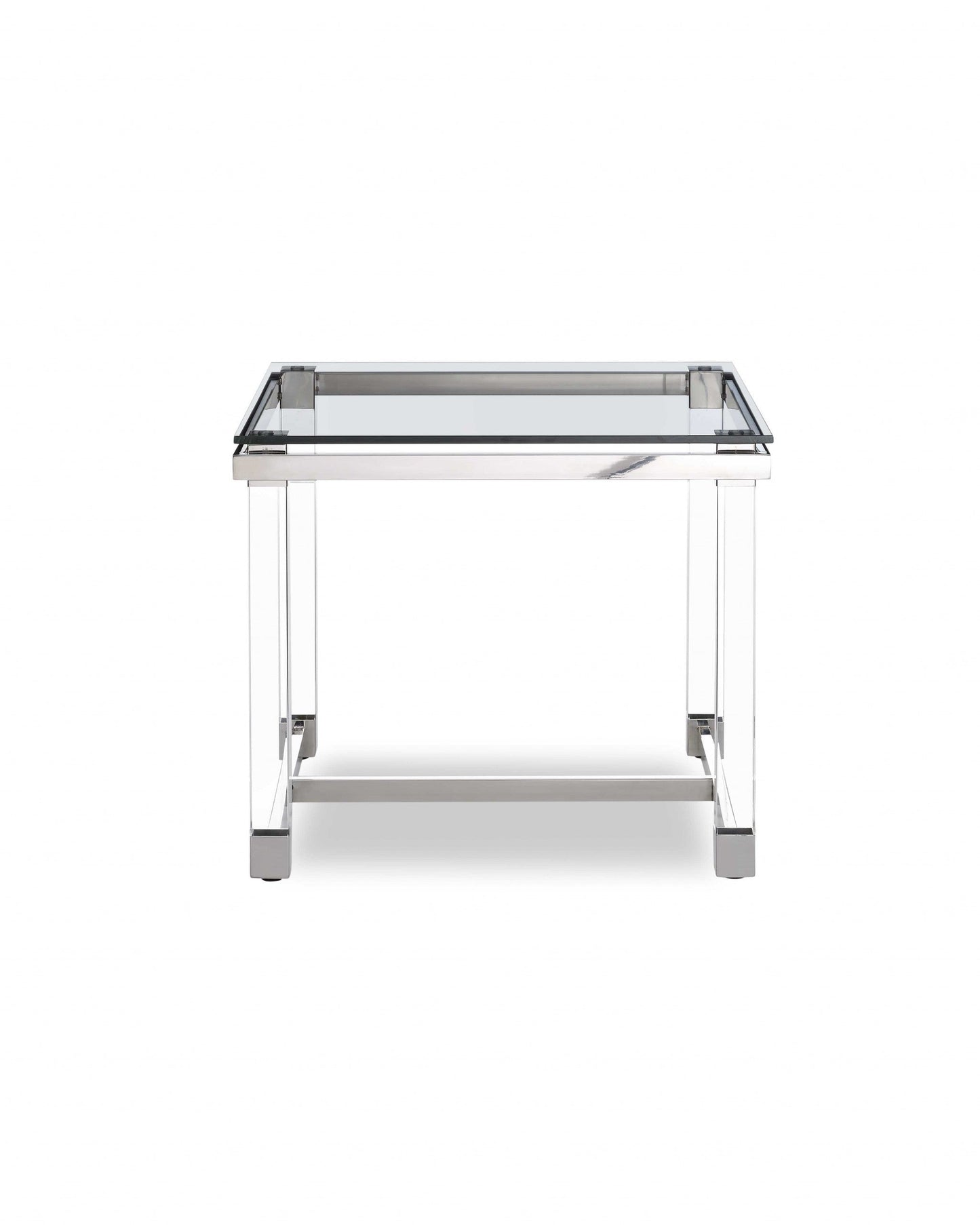 HomeRoots Side Table With 10 mm Tempered Clear Glass Top and Polished Stainless Steel Frame Acrylic Legs