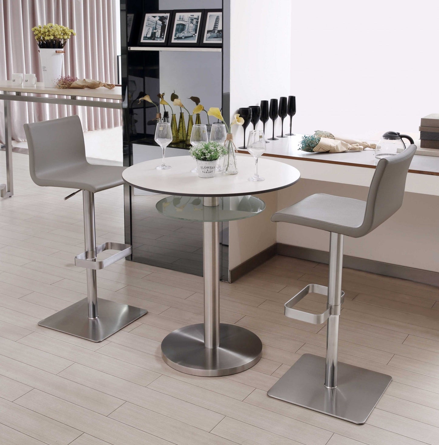 HomeRoots Sleek Light Gray Faux Leather Adjustable Bar Stool