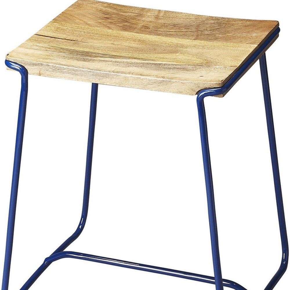 HomeRoots Sleek Wood And Blue Metal Counter Stool