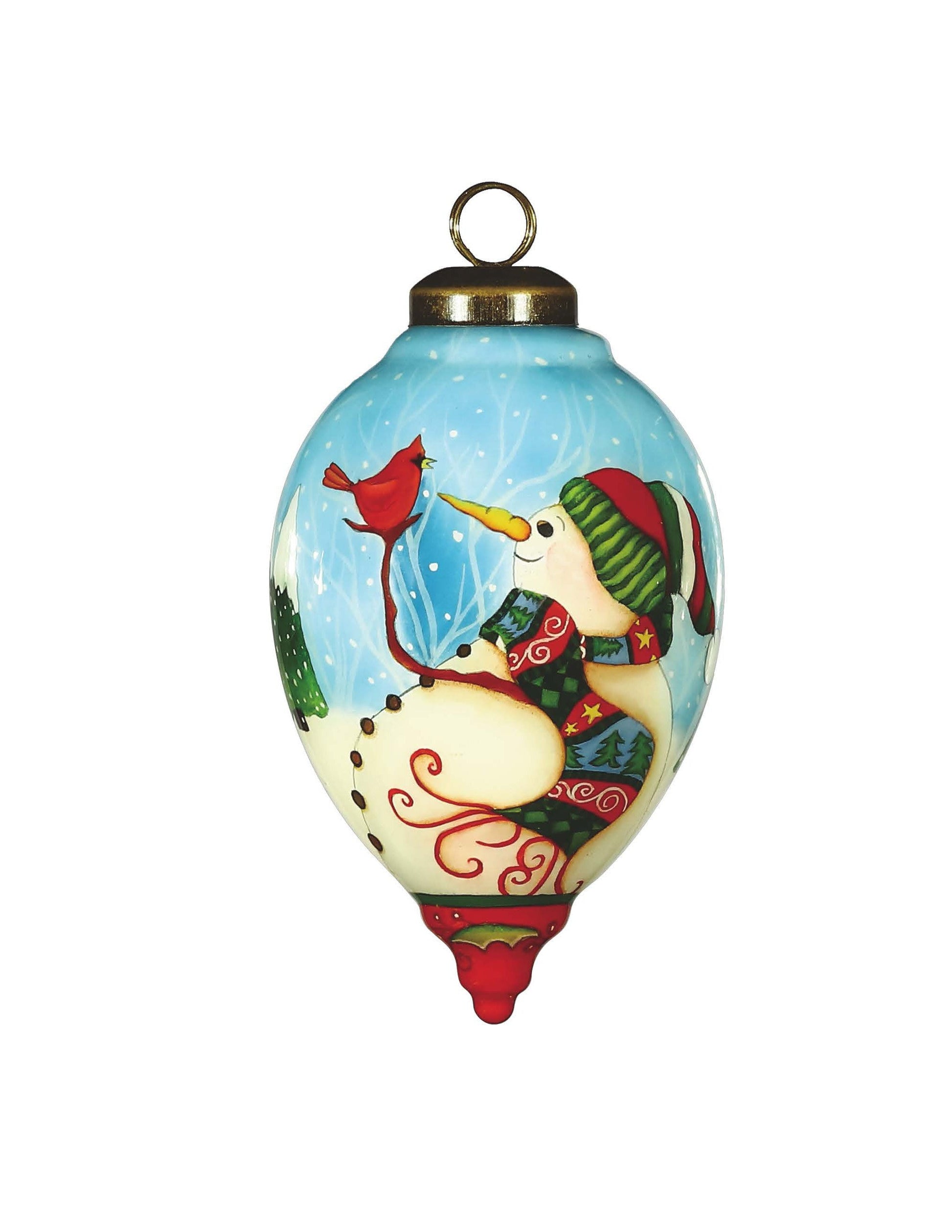 HomeRoots Snowman and Red Cardinal Hand Painted Mouth Blown Glass Ornament
